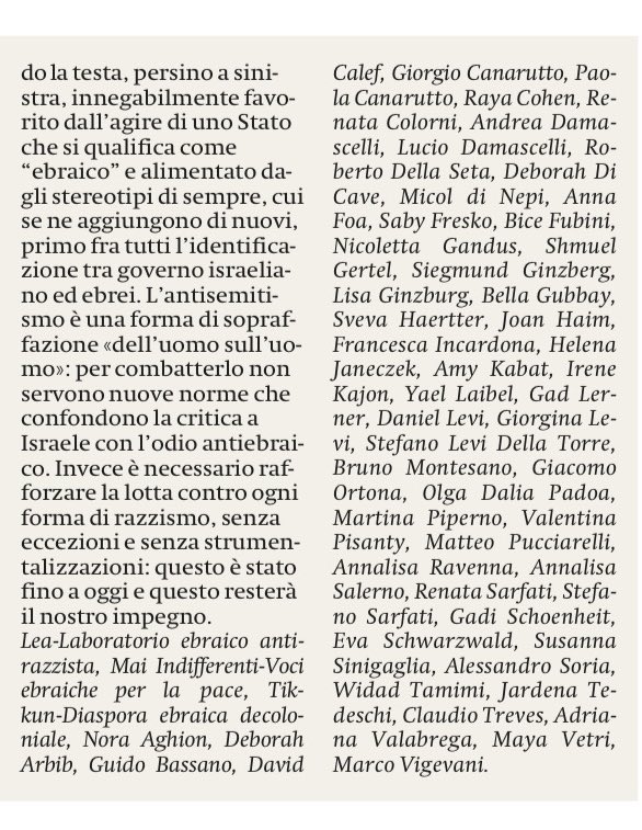 robdellaseta's tweet photo. “Da italiani e da ebrei siamo contro questa legge che chiama #antisemitismo la denuncia dei crimini di #Israele”. Oggi su @ilmanifesto un appello di decine di ebrei italiani https://t.co/ZJwnG2cHIV