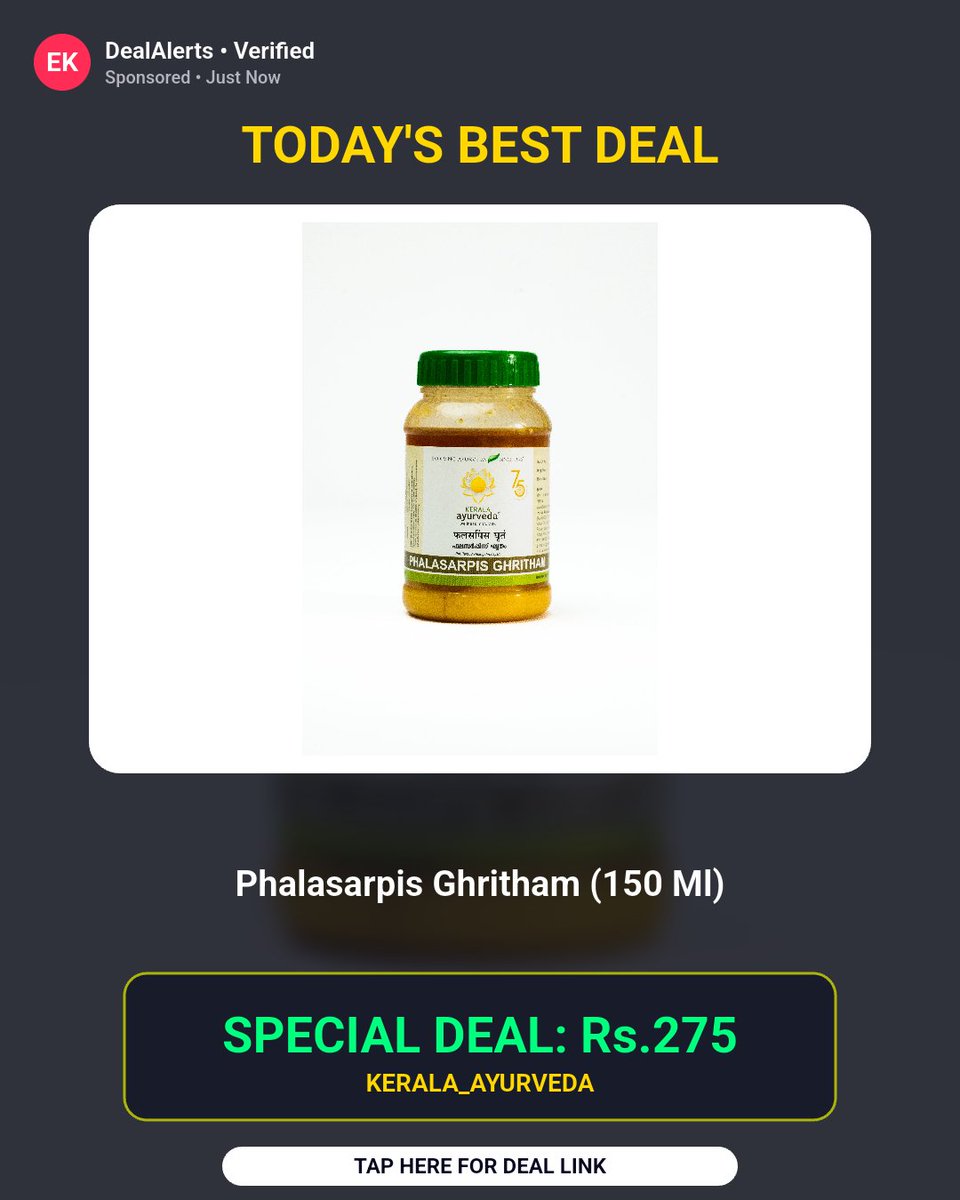 BanotaRajesh's tweet photo. This deal won't last long. Phalasarpis Ghritham (150 Ml) - Great Price Live Now

Rs.275

Buy Now: https://t.co/a49uqz2Hq0

#pricedrop #deals https://t.co/G2A9zhVlu3