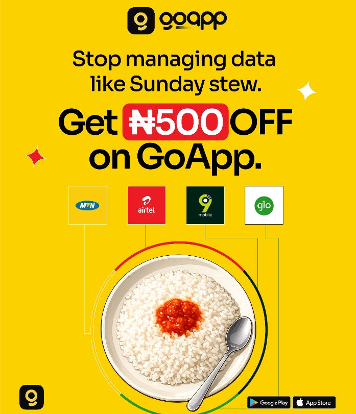 usegoapp's tweet photo. Stop managing data like Sunday stew 😭😂 Get ₦500 OFF your data purchase on GoApp! 📱🔥 Top up, stay connected and keep scrolling without the extra spend. Download GoApp and save ₦500 today! #GoApp #Data #DataBundle #Nigeria #SaveMoney https://t.co/nHUTeO3SUx