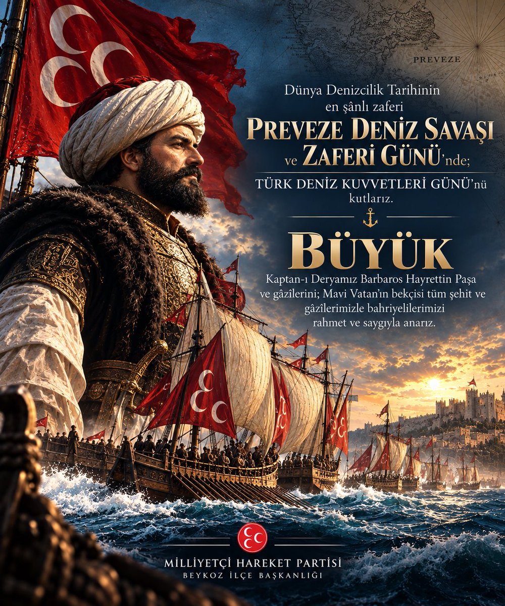 mhpbeykoz's tweet photo. Türk denizciliğinin zaferiyle taçlandırarak Akdeniz’i bir Türk Gölü hâline getiren #Preveze Deniz Zaferi’nin 488. yıl dönümü ve Türk Deniz Kuvvetleri Günü kutlu olsun! 🇹🇷

#TürkDenizKuvvetleriGünü ⚓ 🌊

Zaferin yıl dönümünde denizlerin yenilmez savaşçısı Kaptan-ı Derya Barbaros Hayrettin Paşa’yı, şânlı ecdâdımızı, tüm şehit ve gazilerimizi rahmet, minnet ve saygıyla anıyor; #MaviVatan’da görev yapan tüm bahriyelilerimize görevlerinde başarılar diliyoruz.