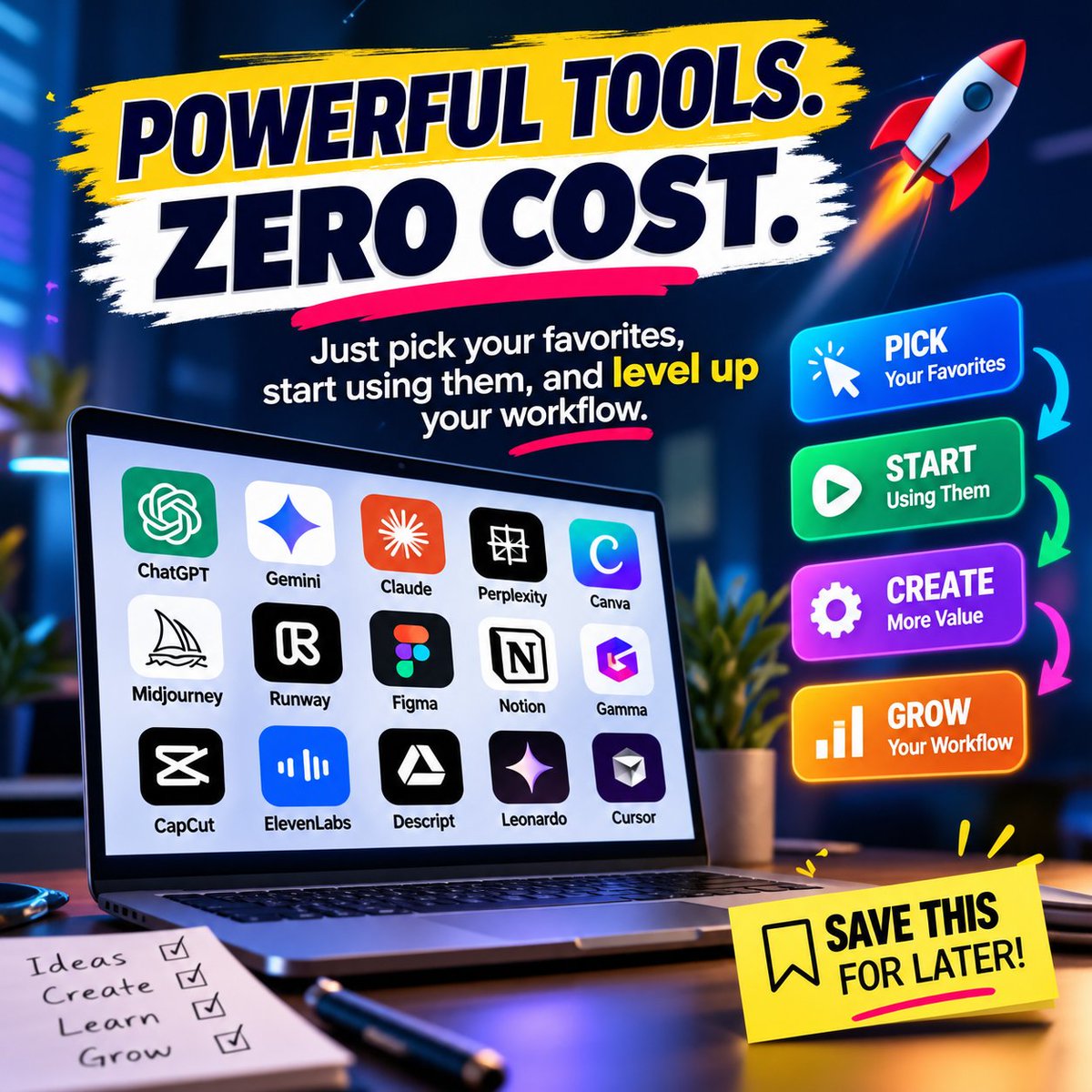 OpenAi221's tweet photo. 🚀 POWERFUL TOOLS. $0 COST.

No expensive subscriptions.
Just pick your favorites → Start → Create → Grow. ⚡

🔖 Save this for later! https://t.co/PPcm2c2hBh