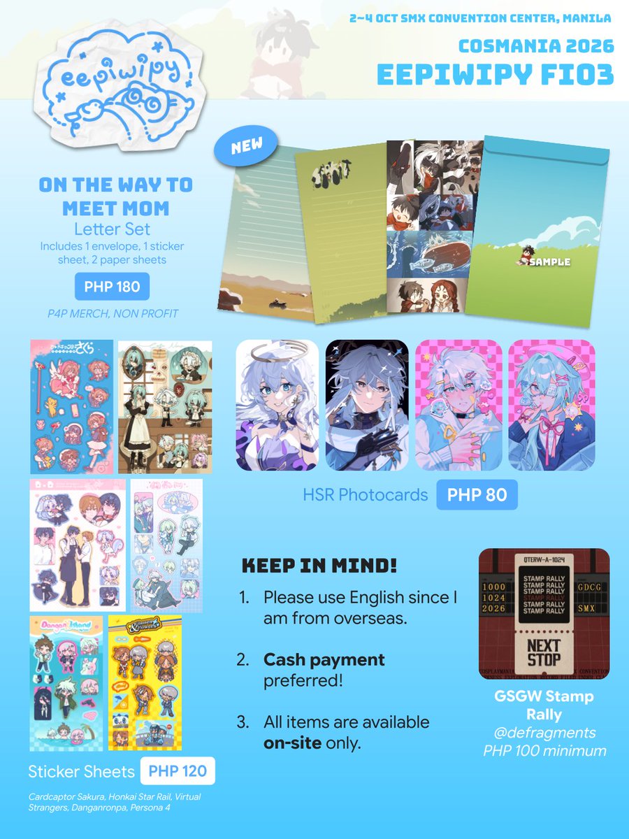 awooml's tweet photo. Hello! I will be tabling at #cosplaymania2026 🇵🇭 this year !! 🙇‍♂️ come say hi 👋 

📍eepiwipy, Fi03
📅 2~4 October 2026, SMX Convention Centre Manila
💳 Cash payment preferred, exact change if possible! 
#⃣ GSGW/GDCG, OTWTMM, CCS, Virtual Strangers, HSR, SDR2, P4

#cosmania2026 https://t.co/z9FrHX52ta