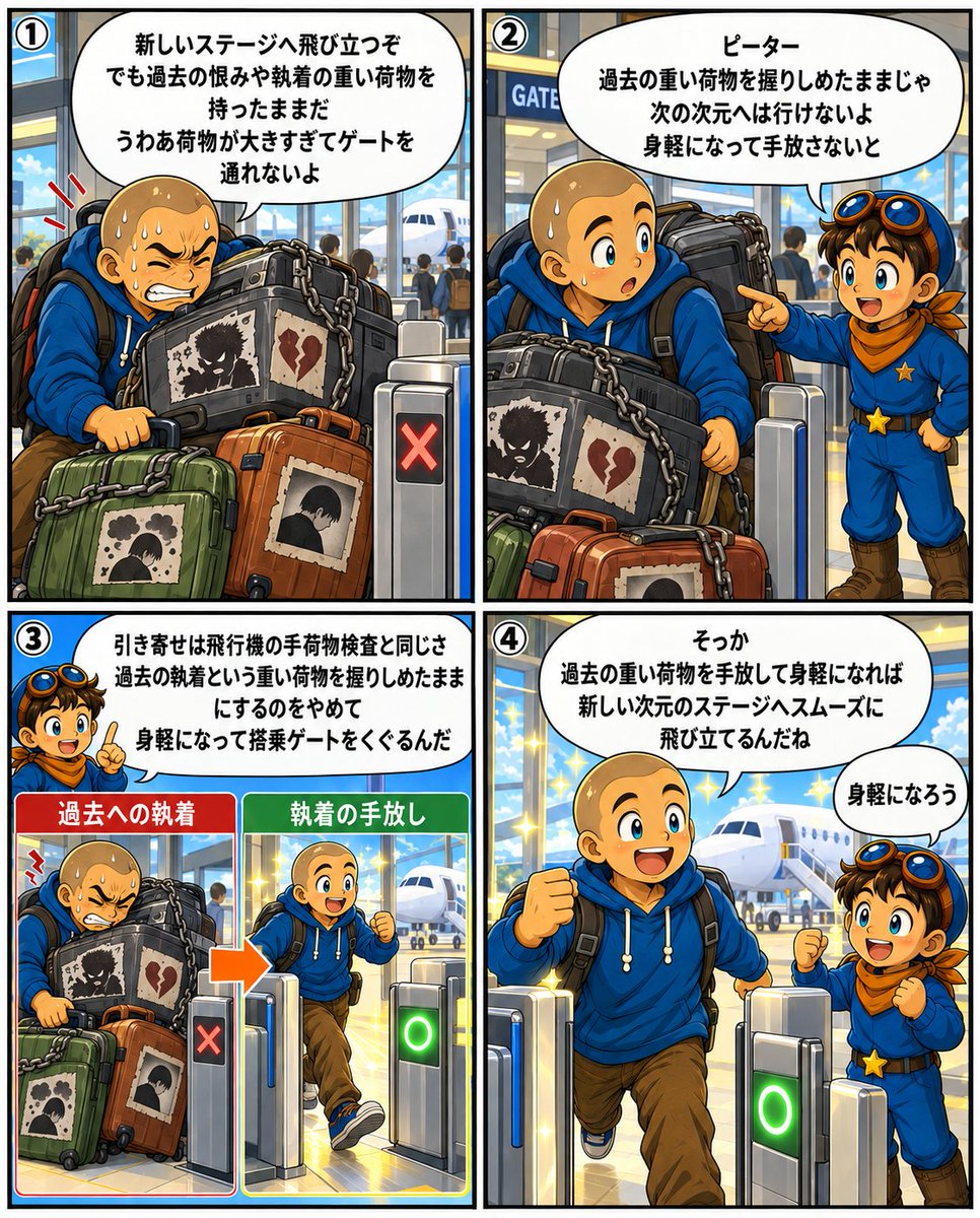 pepe222peter's tweet photo. 「あの時のアレが許せない…」と、
過去の執着を握りしめていませんか？✈️

引き寄せは「飛行機の手荷物検査」と同じ。規定オーバーの重い荷物を持ったままでは、新しいステージへ飛び立てません。

過去の重い荷物を手放し、身軽になって次の次元へ進む法則は図解で😌
👇 https://t.co/6UHQ9ETNWG