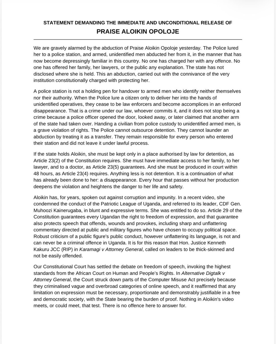 __Mpambara's tweet photo. Shame on you @PoliceUg! This is what impunity looks like when it is allowed to fester unchallenged. 

What you have done is a deliberate, calculated betrayal of the one duty you have towards Ugandan citizens. A police station is not a loading dock for abductions of citizens. 

You’re aiding State sanctioned disappearances executed with the full compliance of the one institution constitutionally bound to prevent it? Do you have no shame? 

Produce @AloikinOpoloje and let the public know her whereabouts. Allow her access to her lawyers and family. 

#FreePraiseAloikin