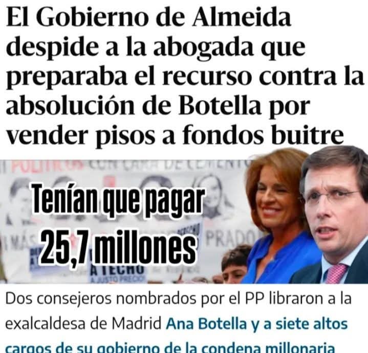 jebl_'s tweet photo. El tribunal perdonó 25,7 M€ a Ana Botella tras malvender 1.860 pisos públicos a un fondo buitre. ¿La justicia? Dos consejeros afines al PP. ¿Almeida? Despidió a la abogada que iba a recurrir la absolución para blindar el pelotazo. Corrupción, impunidad y saqueo institucional... https://t.co/zYwH4tMtzS