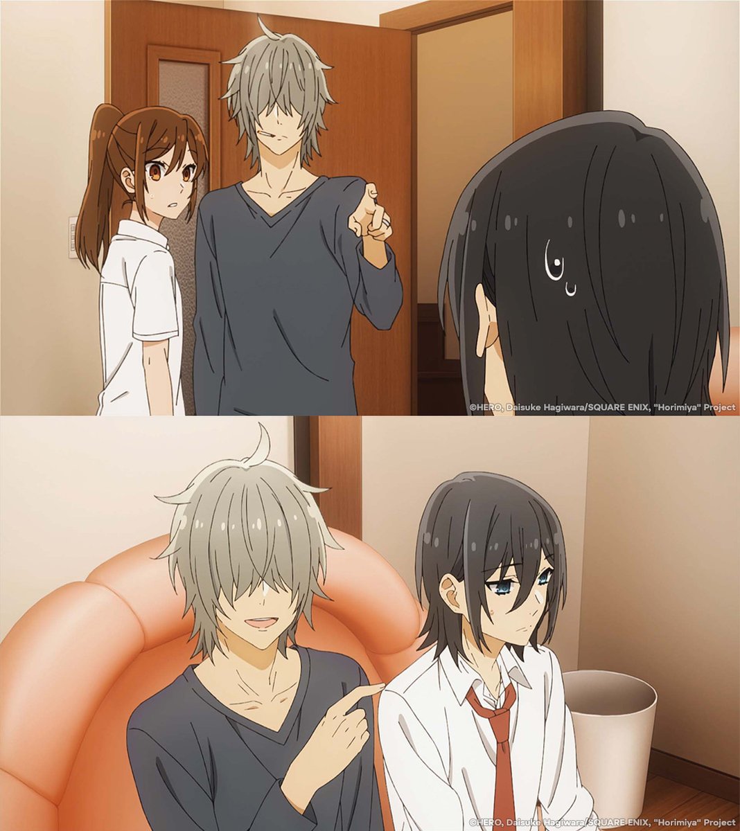 Crunchyroll's tweet photo. When your dad and boyfriend are so close, you become the third wheel. (via Horimiya) https://t.co/YNPkvnWvHv