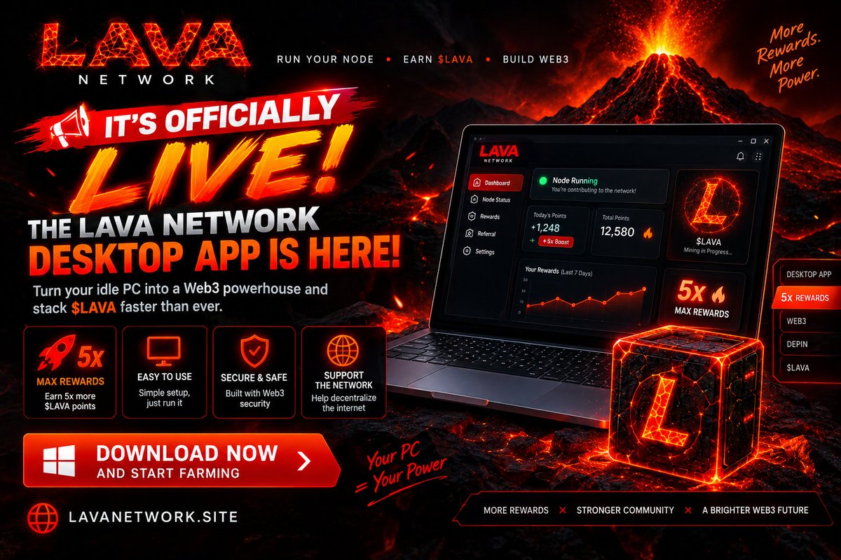 LavaBlockchain_'s tweet photo. 🚨 IT’S OFFICIALLY LIVE! 🚨

The Lava Network Desktop App is here! 🌋💻
Why settle for normal points when you can earn 5x MAX REWARDS? Turn your idle PC into a Web3 powerhouse and stack $LAVA faster than ever.

Download now and start farming 👇
🔗 https://t.co/bWv7nuK1qF https://t.co/awRxkTuifW