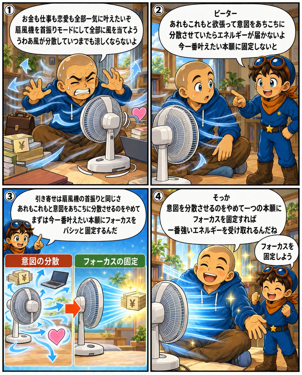 pepe222peter's tweet photo. 「あれもこれも全部叶えたい！」と、
意図をあちこちに分散させていませんか？🌀

引き寄せは「扇風機の首振り」と同じ。首振りモードのままにしていると、風が分散していつまでも涼しくなりません。

意図を分散させるのをやめ、一番叶えたい本願にフォーカスを固定する法則は図解で😌
👇 https://t.co/xRiRfa5oxC