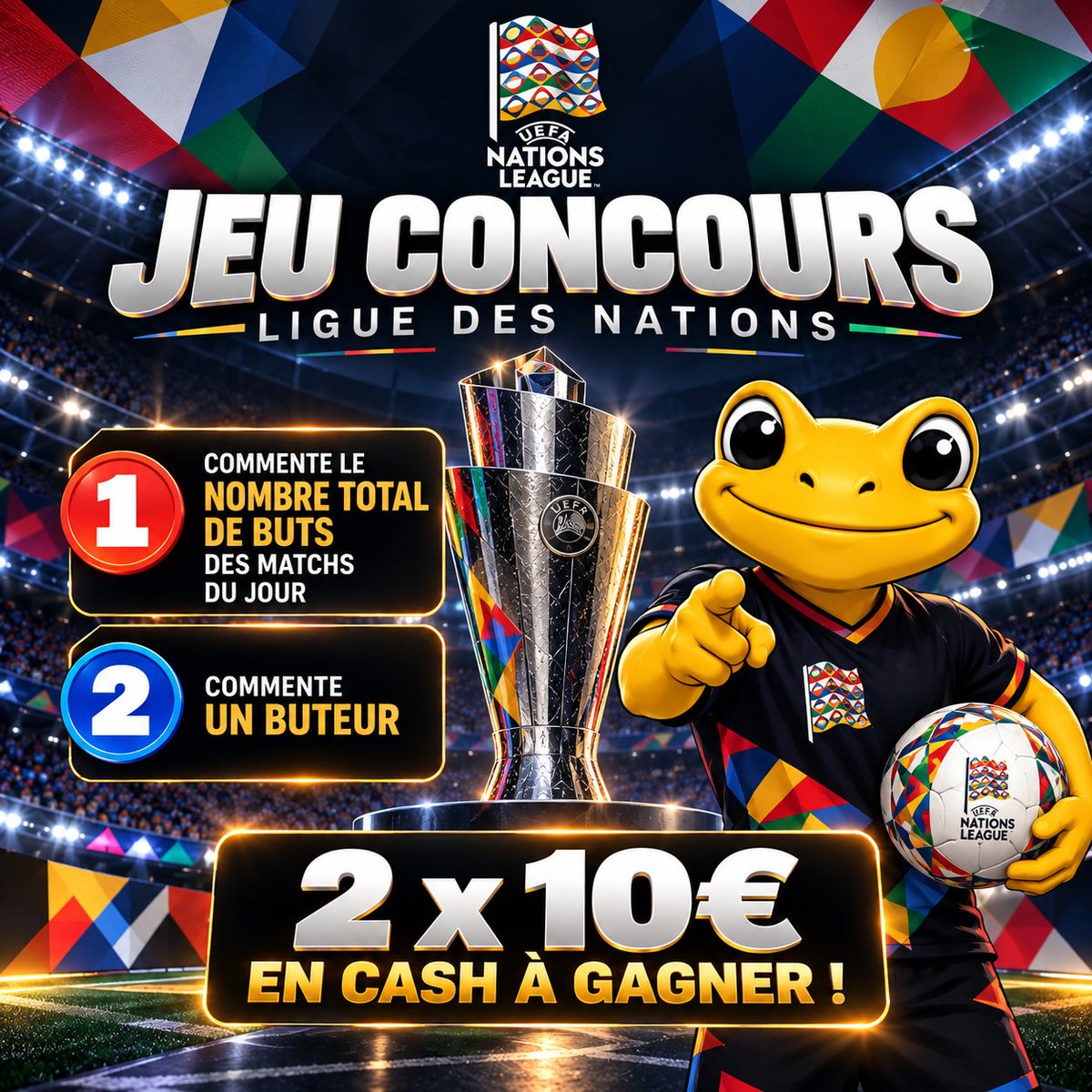 BetClem_'s tweet photo. 🎁 JEU CONCOURS 🎁 LIGUE DES NATIONS 🇪🇺🏆

POUR PARTICIPER 👇
1️⃣ Trouvez le nombre de buts des 6 matchs du jour (CF image).
2️⃣ Trouve un buteur.
Exemple :  17 buts + 🇳🇴 E. Haaland 
👉 RT ♻️/♥️
👉 Follow @BetClem_

2x10€ EN CASH À REMPORTER ! 💸

Une seule réponse acceptée par personne jusqu'à ce soir 18h00 🕕

Pour parier sur les matchs ce soir profite de 50% de ton 1er dépôt offerts en freebets jusqu'à 200€ +20€ en cash 🎁👇
https://t.co/yTDWeM6veJ

👉 Si plusieurs bonnes réponses TAS comme d'habitude.
#TeamParieur