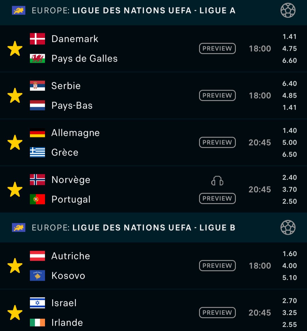 BetClem_'s tweet photo. 🎁 JEU CONCOURS 🎁 LIGUE DES NATIONS 🇪🇺🏆

POUR PARTICIPER 👇
1️⃣ Trouvez le nombre de buts des 6 matchs du jour (CF image).
2️⃣ Trouve un buteur.
Exemple :  17 buts + 🇳🇴 E. Haaland 
👉 RT ♻️/♥️
👉 Follow @BetClem_

2x10€ EN CASH À REMPORTER ! 💸

Une seule réponse acceptée par personne jusqu'à ce soir 18h00 🕕

Pour parier sur les matchs ce soir profite de 50% de ton 1er dépôt offerts en freebets jusqu'à 200€ +20€ en cash 🎁👇
https://t.co/yTDWeM6veJ

👉 Si plusieurs bonnes réponses TAS comme d'habitude.
#TeamParieur