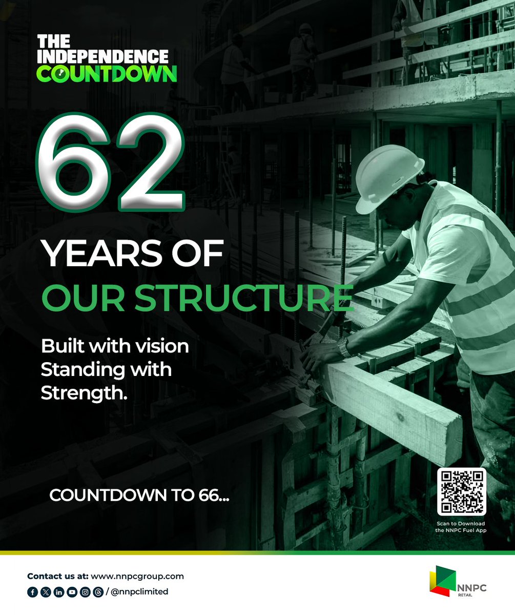 nnpclimited's tweet photo. Built with vision. Standing with strength.

Join us as we count down to Independence Day in four days.

Download the NR Fuel App by scanning the QR code or visit https://t.co/vZaO5VBf7W today.

#NNPCNaija66 
#FuelTheFreedom 
#EnergyForToday 
#EnergyForTomorrow https://t.co/ivCXu55PNX