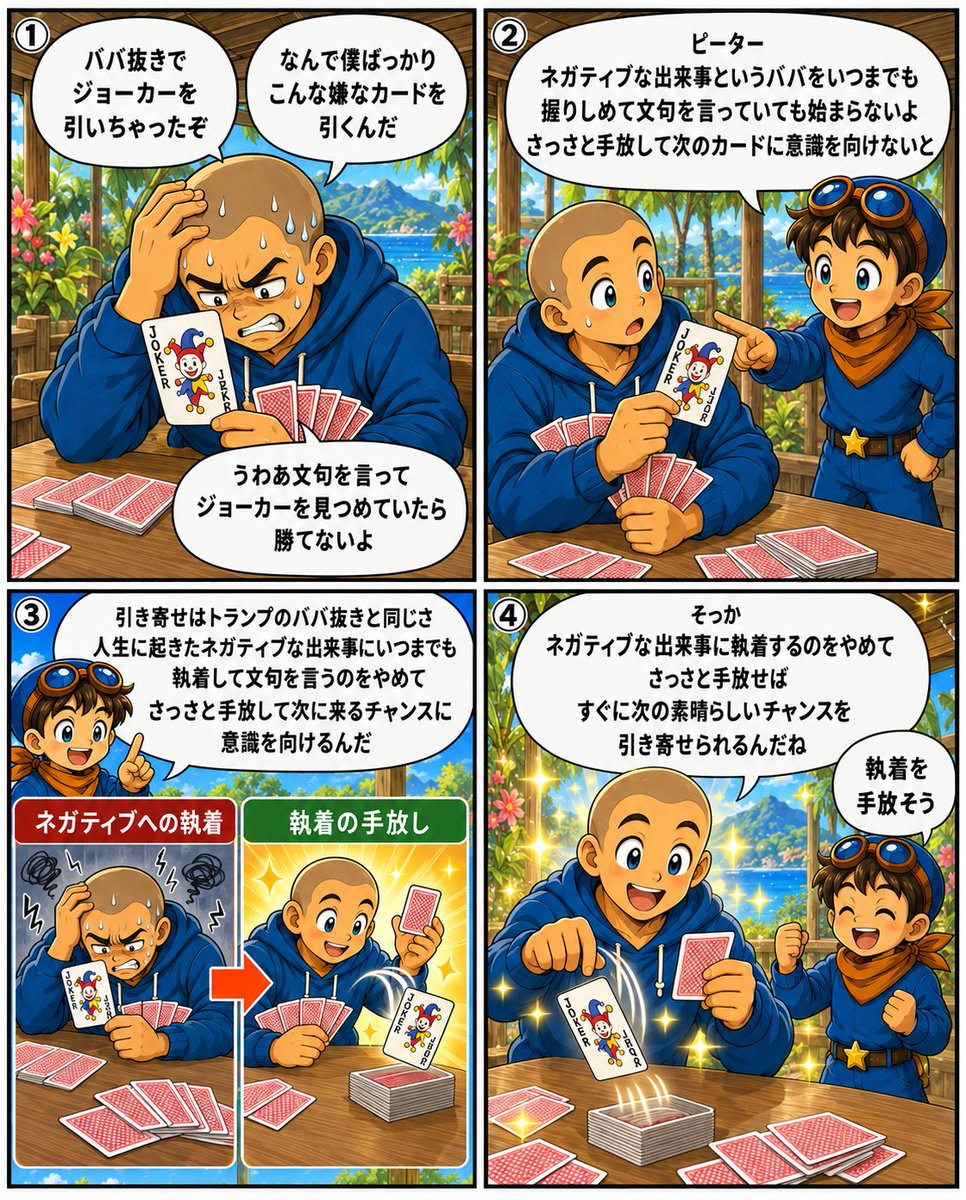 pepe222peter's tweet photo. 「なんでこんな嫌なことが…」と、
起きた出来事に文句を言い続けていませんか？🃏

引き寄せは「トランプのババ抜き」と同じ。ジョーカーを引いた時、ずっと見つめて文句を言っていても勝てません。

ネガティブな出来事への執着を手放し、次に来るチャンスに意識を向ける法則は図解で😌
👇 https://t.co/oJxfSXfprO