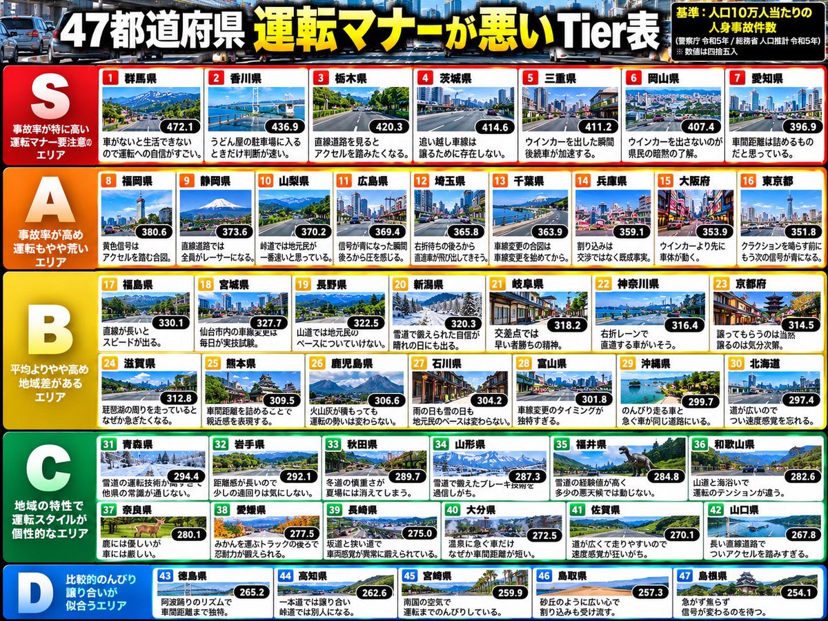 arasaka_lucio's tweet photo. 47都道府県 

運転マナーが悪いTier表

※人口当たりの交通事故発生などから試算、独断と偏見で作成 https://t.co/jOKVu2fSex