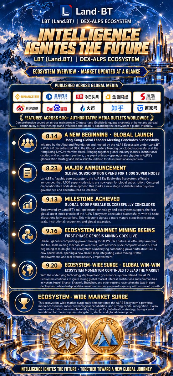 LAND_BT's tweet photo. 🚀 LBT (https://t.co/NNF4NlbbHo) | DEX-ALPS Ecosystem
Ecosystem Milestones Update ✨
✅ HK Global Leaders Summit
✅ 1000 Global Super Nodes Subscription
✅ Super Node Pre-sale Sold Out
✅ First Phase Head Mining Live
✅ Global Community Momentum Surging
Covered by 500+ global media, ALPS keeps moving forward on the globalization roadmap.
智启未来 · 共赴全球新程
#LandBT #ALPS #Web3 #DEX