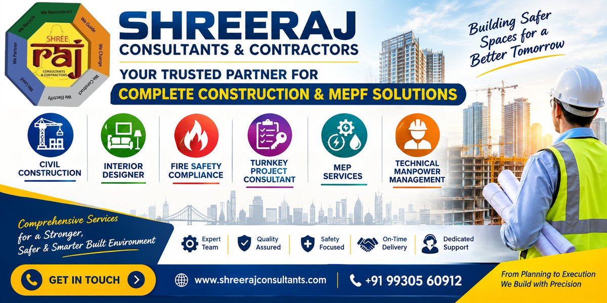 shreerajcon's tweet photo. Complete #Construction & #MEPFSolutions
We provides:
🏗️ #CivilConstruction
🎨 #InteriorDesign
🔥 #FireSafety Compliance
📋 #TurnkeyProject Consultancy
⚙️ #MEPServices
👷 Technical Manpower Management
✅ Quality | 🛡️ Safety | ⏱️ On-Time Delivery
📞 +91 99305 60912
#Mumbai #Thane https://t.co/J4hsiio9LD
