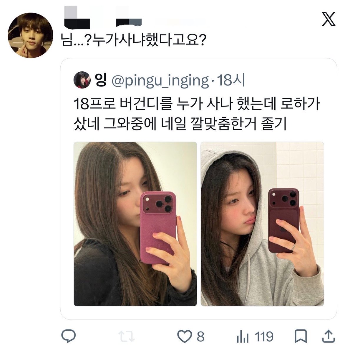 9kaicx's tweet photo. 어제 아이폰18pro 이쁘긴한데 버건디한테는 밀리네 트윗 주인 트친이 이로하 양이 18pro 버건디 산 거 보고 이정도로 좋아함 https://t.co/mZFO4Kj7Lo