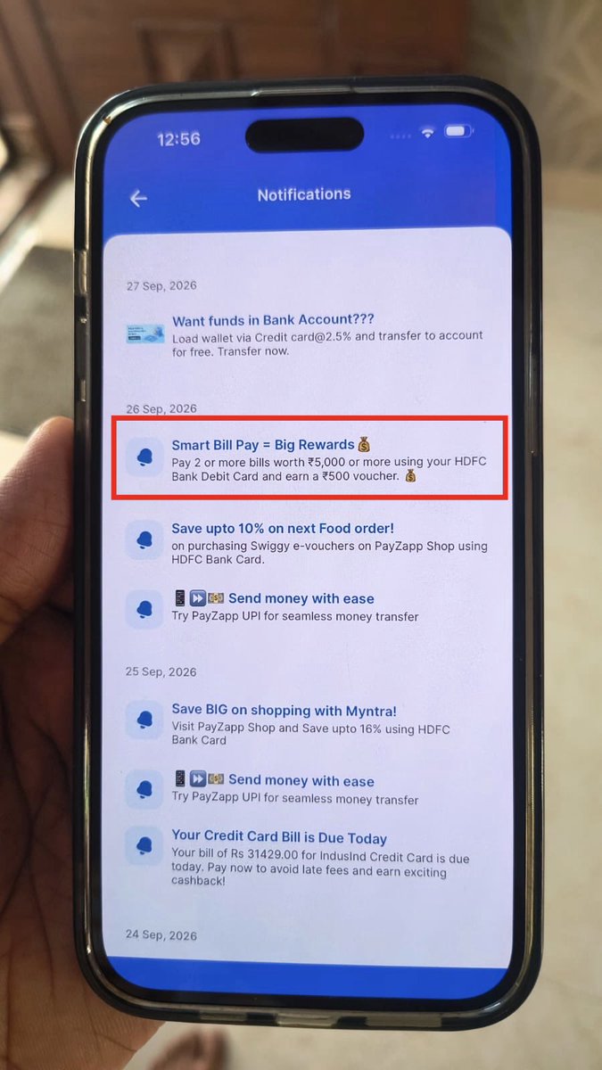 YourCardJourney's tweet photo. HDFC Rewards Card has another ₹500 opportunity this month. 

Open the PayZapp app → Notifications → look for:

🔔 Smart Bill Pay = Big Rewards

Pay 2 or more bills worth ₹5,000 or more using your HDFC Bank Debit Card and earn a ₹500 voucher.

If you see this notification, the offer is live for you.

It worked for me. Might work for you too.