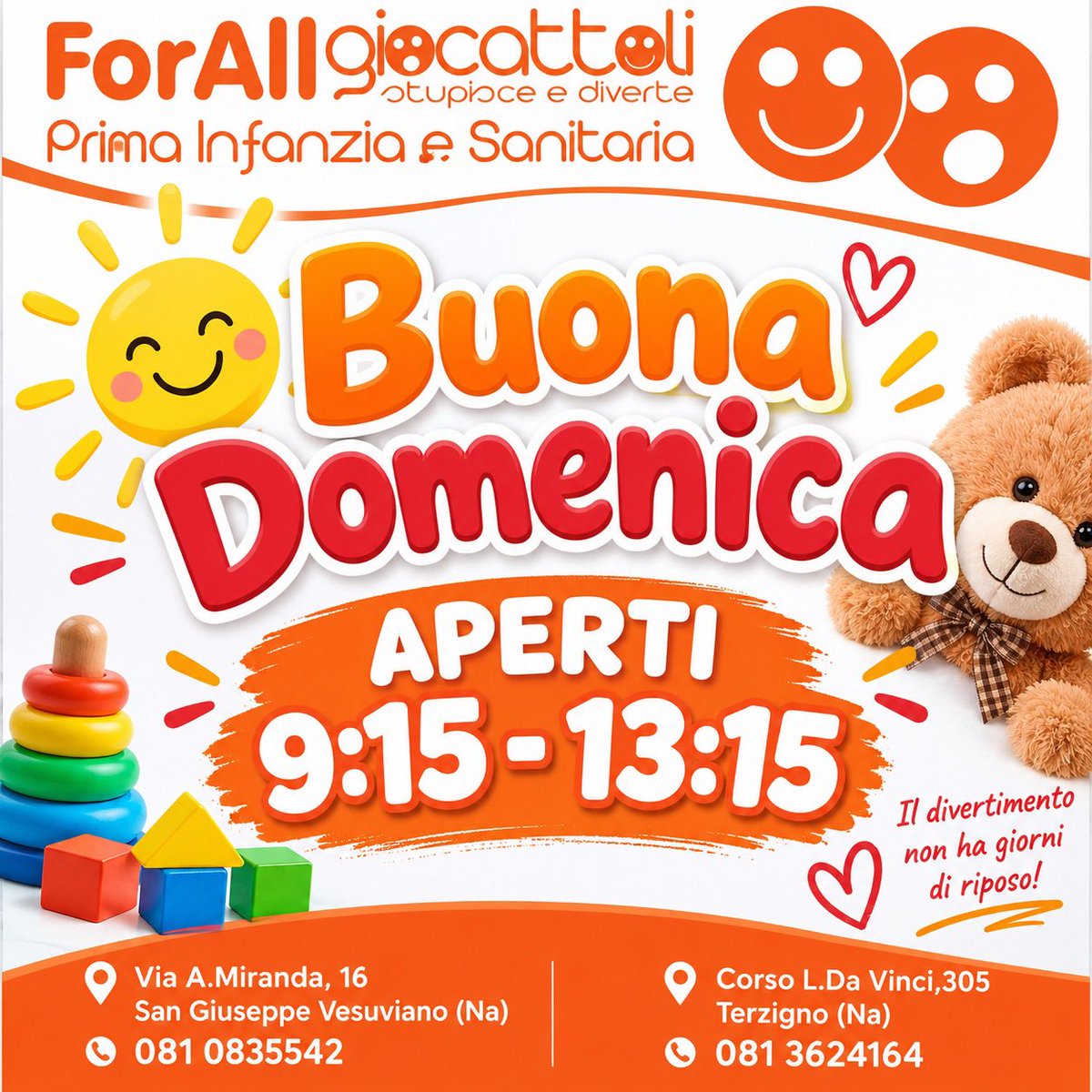 ForAllGiocattol's tweet photo. Buongiorno e buona domenica a tutti, vi ricordiamo che siamo aperti dalle 9:15 alle 13:15 https://t.co/BFuxgHgAzb