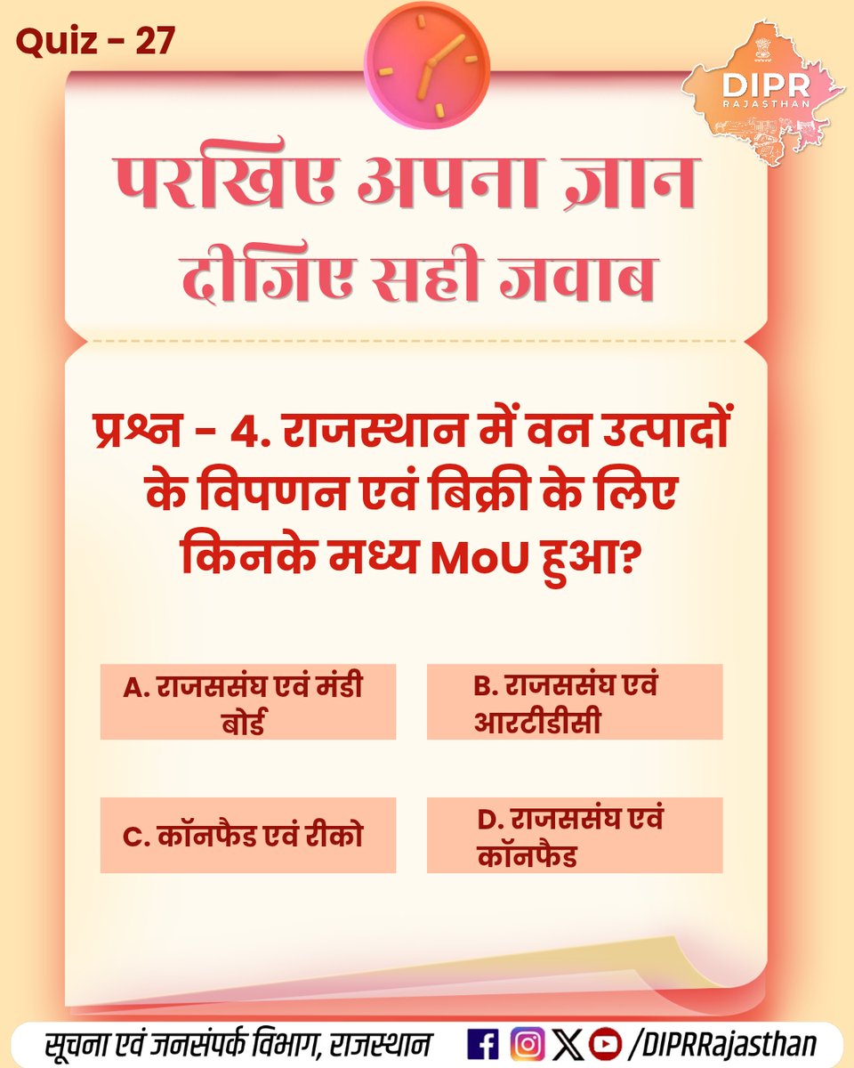 DIPRRajasthan's tweet photo. परखिए अपना ज्ञान, दीजिए सही जवाब...

कितना सही है आपका जवाब?
जानने के लिए जुड़े रहिए…

क्विज के जवाब -

प्रश्न - 1 , उत्तर -C
प्रश्न - 2 , उत्तर - A
प्रश्न - 3 , उत्तर - B
प्रश्न - 4 , उत्तर - D 

राजस्थान की हर नई पहल, हर नवाचार और हर जनकल्याणकारी योजनाओं की जानकारी के लिए फॉलो करें
@DIPRRajasthan 

@BhajanlalBjp
@KumariDiya
@DrPremBairwa
@RajCMO
@RajGovOfficial 

#PMFBY #PradhanMantriFasalBimaYojana #SawanBarwal #AsianGames2026 #VandeMataram150 #NamamiBharatam #RajasthanForest #ForestProducts #DIPRRajasthan #आपणो_अग्रणी_राजस्थान