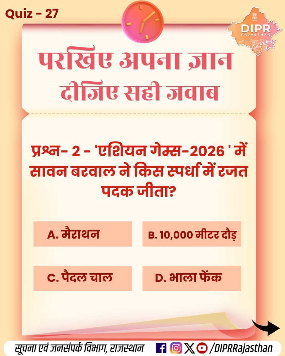 DIPRRajasthan's tweet photo. परखिए अपना ज्ञान, दीजिए सही जवाब...

कितना सही है आपका जवाब?
जानने के लिए जुड़े रहिए…

क्विज के जवाब -

प्रश्न - 1 , उत्तर -C
प्रश्न - 2 , उत्तर - A
प्रश्न - 3 , उत्तर - B
प्रश्न - 4 , उत्तर - D 

राजस्थान की हर नई पहल, हर नवाचार और हर जनकल्याणकारी योजनाओं की जानकारी के लिए फॉलो करें
@DIPRRajasthan 

@BhajanlalBjp
@KumariDiya
@DrPremBairwa
@RajCMO
@RajGovOfficial 

#PMFBY #PradhanMantriFasalBimaYojana #SawanBarwal #AsianGames2026 #VandeMataram150 #NamamiBharatam #RajasthanForest #ForestProducts #DIPRRajasthan #आपणो_अग्रणी_राजस्थान