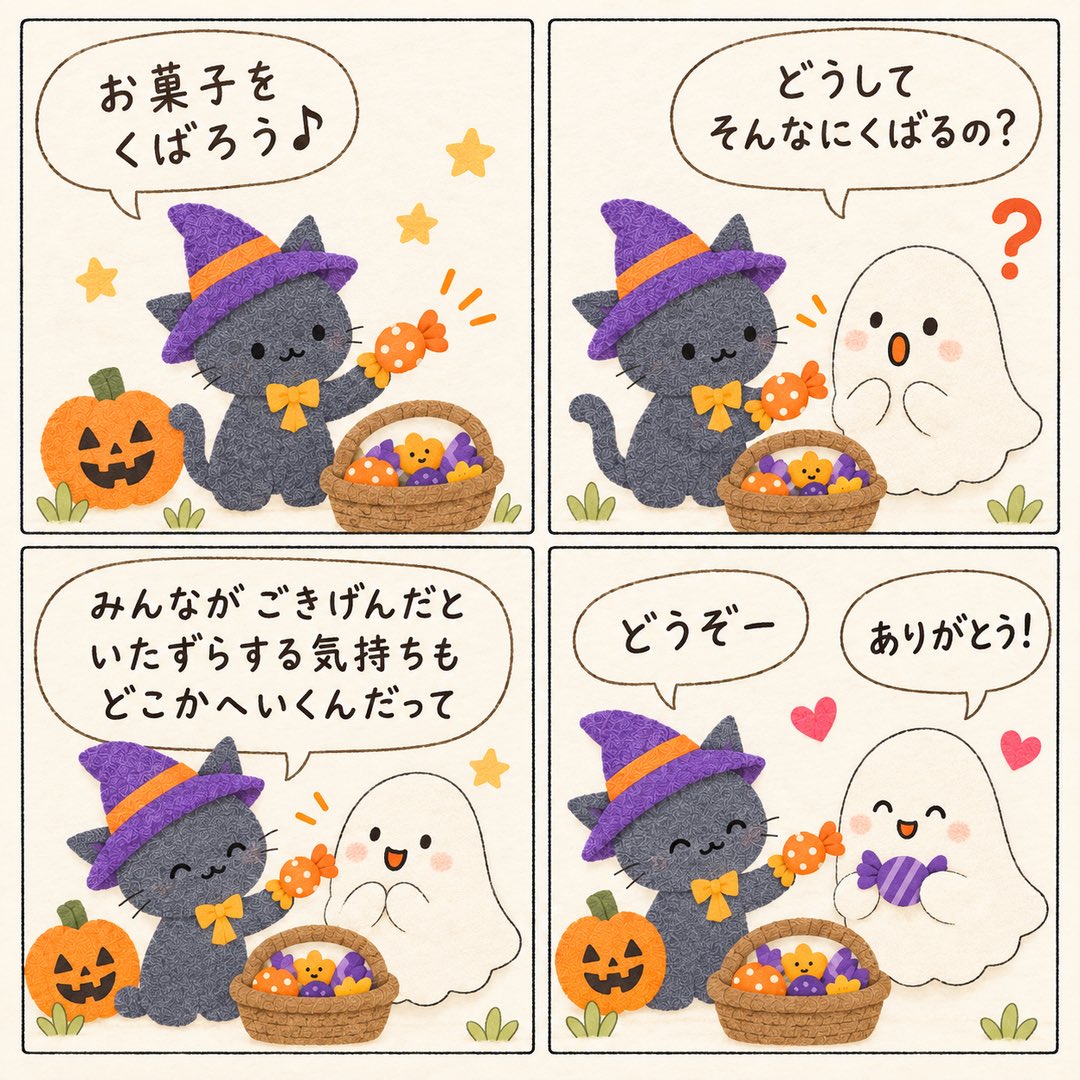 muruko_diary's tweet photo. フォトフレームに物語を作ってみました✨
ハロウィンにお菓子を配るのには、悪いものにいたずらされないようにする意味もあるそうです🎃
「みんながごきげんだったら、いたずらする気持ちもどこかへ行くのかな？」
と想像して、黒猫ちゃんがお菓子を配るお話にしてみました🐈‍⬛🍬
出品作業か…😇（苦手） https://t.co/9LHADA0BRa