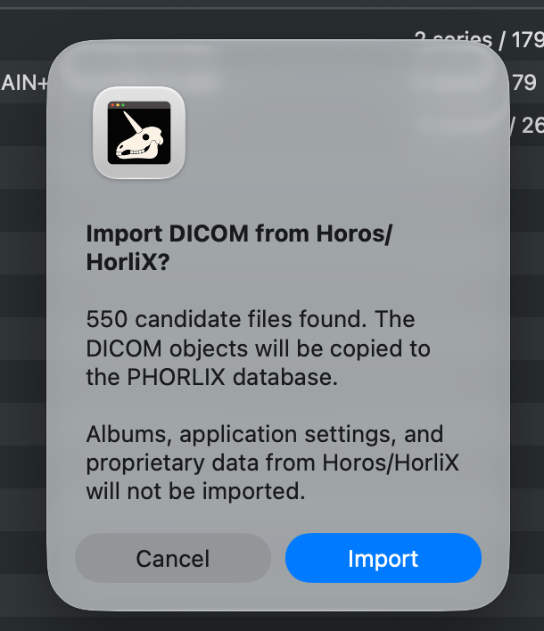 H_Inomata's tweet photo. had some free time, so I added a data migration feature to PHORLIX Lite for #Horos and #HorliX.

The official project doesn’t look likely to be updated anytime soon, and many individual forks are less than ideal.

The feature is very simple: 
  click File > Import From Horos/HorliX
then follow the instructions.

Horos Albums and similar data cannot be transferred. It simply imports the #DICOM files.

This is an RC (Release Candidate) before the App Store release. If you can test it, please give it a try.

https://t.co/EEAyNleeFz