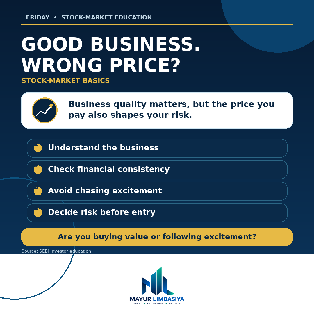 MayurFinancial's tweet photo. A good business is not automatically a good purchase at every price. Understand the business, check financial consistency and decide your risk before chasing a rising stock. 
Are you buying value or excitement? #InvestorEducation https://t.co/1qZEatfWR1