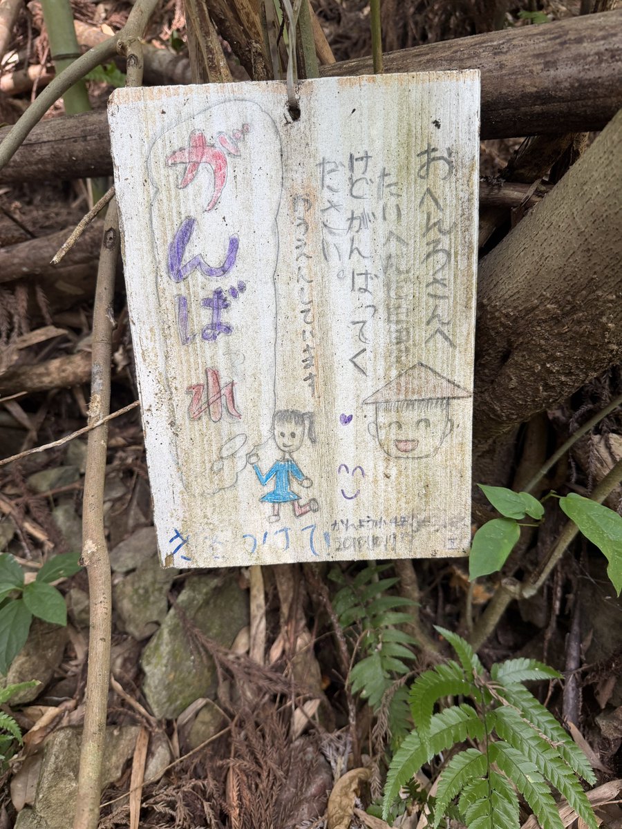 mk420_935's tweet photo. なるべく舗装路を歩き 市役所を過ぎた辺りから松尾峠を目指す

9:09 松尾坂口番所跡を通過
山道に入ります
心配していた路面の状態は良好で、木々には地元小学生の励ましのメッセージが沢山🤗

10:22 松尾峠 到着
少し霞んでいましたが目の前には絶景が
広がります https://t.co/35mwFJmbg1