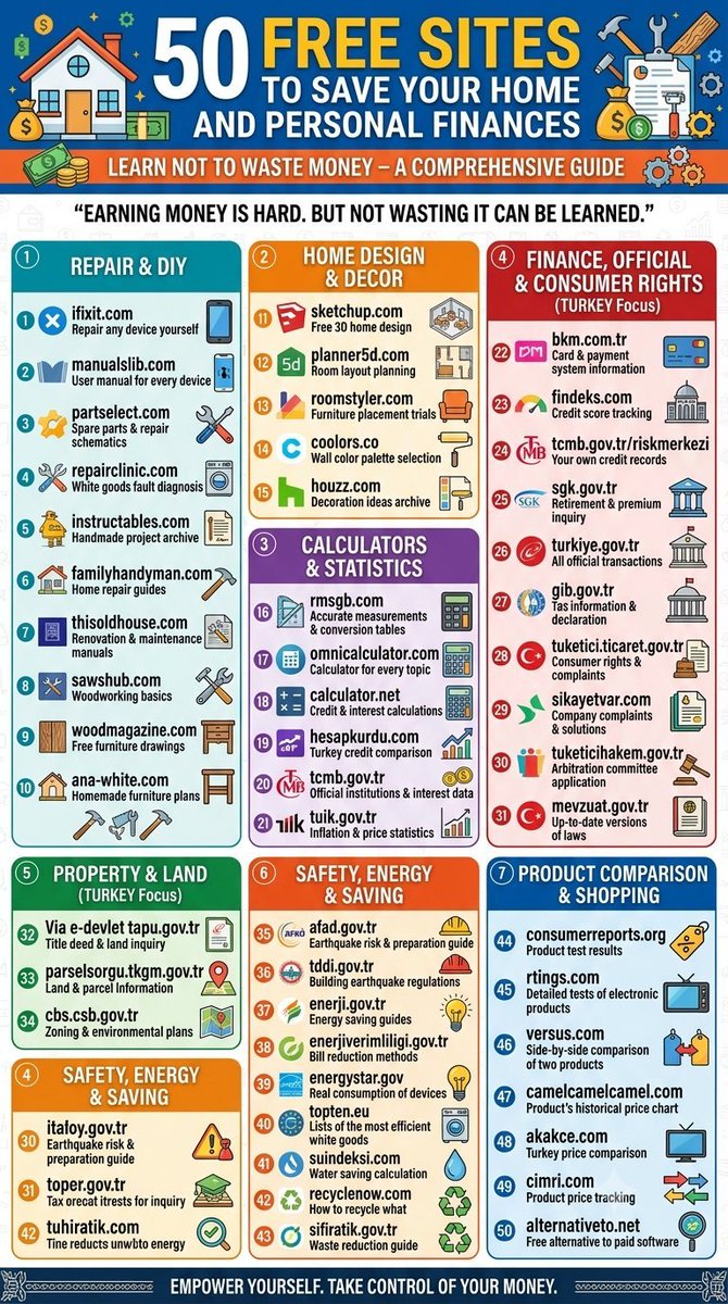 Adilson_Ai's tweet photo. 50 Free Sites to Save Your Home and Personal Finances

1.) https://t.co/9Qw75BvrZt → Repair any device yourself
2.) https://t.co/wCfvV7wP33 → User manual for every device
3.) https://t.co/qRkDoomkYJ → Spare parts and repair schematics
4.) https://t.co/FZrYbLcDEY → White goods fault diagnosis
5.) https://t.co/mhPJD9FgLc → Handmade project archive
6.) https://t.co/XRA0RQiJQs → Home repair guides
7.) https://t.co/rb5JBklIGz → Renovation and maintenance manuals
8.) https://t.co/61ECEL0y5j → Woodworking basics
9.) https://t.co/E8QdyeNAT0 → Free furniture drawings
10.) https://t.co/xL79sLcyIt → Homemade furniture plans
11.) https://t.co/tDU6ukCWCr → Free 3D home design
12.) https://t.co/gepeUQFMiU → Room layout planning
13.) https://t.co/AXXT95BatF → Furniture placement trials
14.) https://t.co/IXEXmZePLY → Wall color palette selection
15.) https://t.co/KqoHLWWelQ → Decoration ideas archive
16.) https://t.co/1XvmWsnKbF → Accurate measurements and conversion tables
17.) https://t.co/nzN45oIfk4 → Calculator for every topic
18.) https://t.co/pgLA00B1YZ → Credit and interest calculations
19.) https://t.co/nxRITvn88f → Turkey credit comparison
20.) https://t.co/gE06A6xvxP → Official institutions and interest data
21.) https://t.co/dCQZEQVAdP → Inflation and price statistics
22.) https://t.co/8y4l5SDdo2 → Card and payment system information
23.) https://t.co/UtCQQV271z → Credit score tracking
24.) https://t.co/c5DQrtudq1 → Your own credit records
25.) https://t.co/kfcU2pvDoe → Retirement and premium inquiry
26.) https://t.co/DcB1xBTzhM → All official transactions in one place
27.) https://t.co/aRaCBz4z5B → Tax information and declaration
28.) https://t.co/hkU7spABsL → Consumer rights and complaints
29.) https://t.co/LAknrnY3mX → Company complaints and solutions
30.) https://t.co/HCEDFqXs4I → Arbitration committee application
31.) https://t.co/lBC2sD6lky → Up-to-date versions of laws
32.) Via e-devlet https://t.co/qQx0es9G9T → Title deed and land inquiry
33.) https://t.co/5GmaWMAQpE → Land and parcel information
34.) https://t.co/5ZADl4c5W9 → Zoning and environmental plans
35.) https://t.co/BpsLATVoiE → Earthquake risk and preparation guide
36.) https://t.co/nHvdhGwYwz → Building earthquake regulations
37.) https://t.co/medqze9lFj → Energy saving guides
38.) https://t.co/k1RUKKvB0H → Bill reduction methods
39.) https://t.co/MRaFQdovjU → Real consumption of devices
40.) https://t.co/EuXi5nSL0k → Lists of the most efficient white goods
41.) https://t.co/00xkAW0uax → Water saving calculation
42.) https://t.co/DgG1BYtENR → How to recycle what
43.) https://t.co/spgENU5wZ9 → Waste reduction guide
44.) https://t.co/4KcSQf6JKt → Product test results
45.) https://t.co/c2gHw3EoNd → Detailed tests of electronic products
46.) https://t.co/wPglR7DcaE → Side-by-side comparison of two products
47.) https://t.co/jObBytz6bG → Product's historical price chart
48.) https://t.co/v9nbVk78Vc → Turkey price comparison
49.) https://t.co/PcQtMlu0gX → Product price tracking
50.) https://t.co/WuYwJgKk8q → Free alternative to paid software

Earning money is hard. But not wasting it can be learned.
Follow @Adilson_Ai for more info