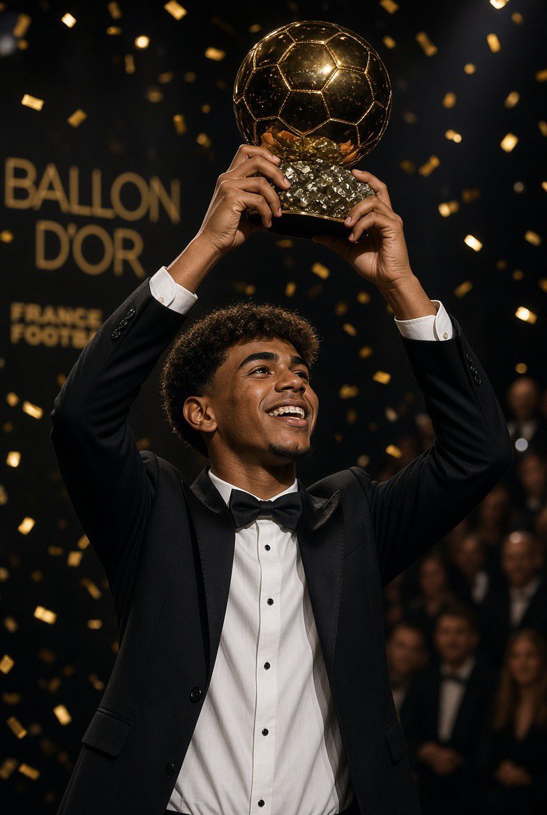 OffRecordHQ's tweet photo. 🚨 OFFICIAL: LAMINE YAMAL WINS THE 2026 BALLON D’OR! 🏆🇪🇸

Lamine Yamal will be crowned the 2026 Ballon d’Or winner, becoming the youngest player ever to claim football’s most prestigious individual prize.

Historical for the Barcelona star. 🌟💙❤️

Congratulations, Lamine! 🏆👏 https://t.co/5yDHt8vlsJ