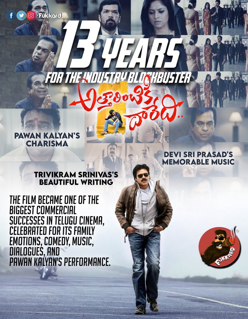 Fukkard's tweet photo. 13 Year for PowerStar #PawanKalyan’s Industry Hit #AttarintikiDaaredhi 

#PawanKalyan’s Powerful Performance, Craze & Aura 💥
#DSP’s Chartbuster Album & Score 🎸
Guruji #Trivikram’s Making & Writing
Make this film a Memorable Watch for the Audience 🥰

#13YearsForIHAttarintikiDaaredi💥