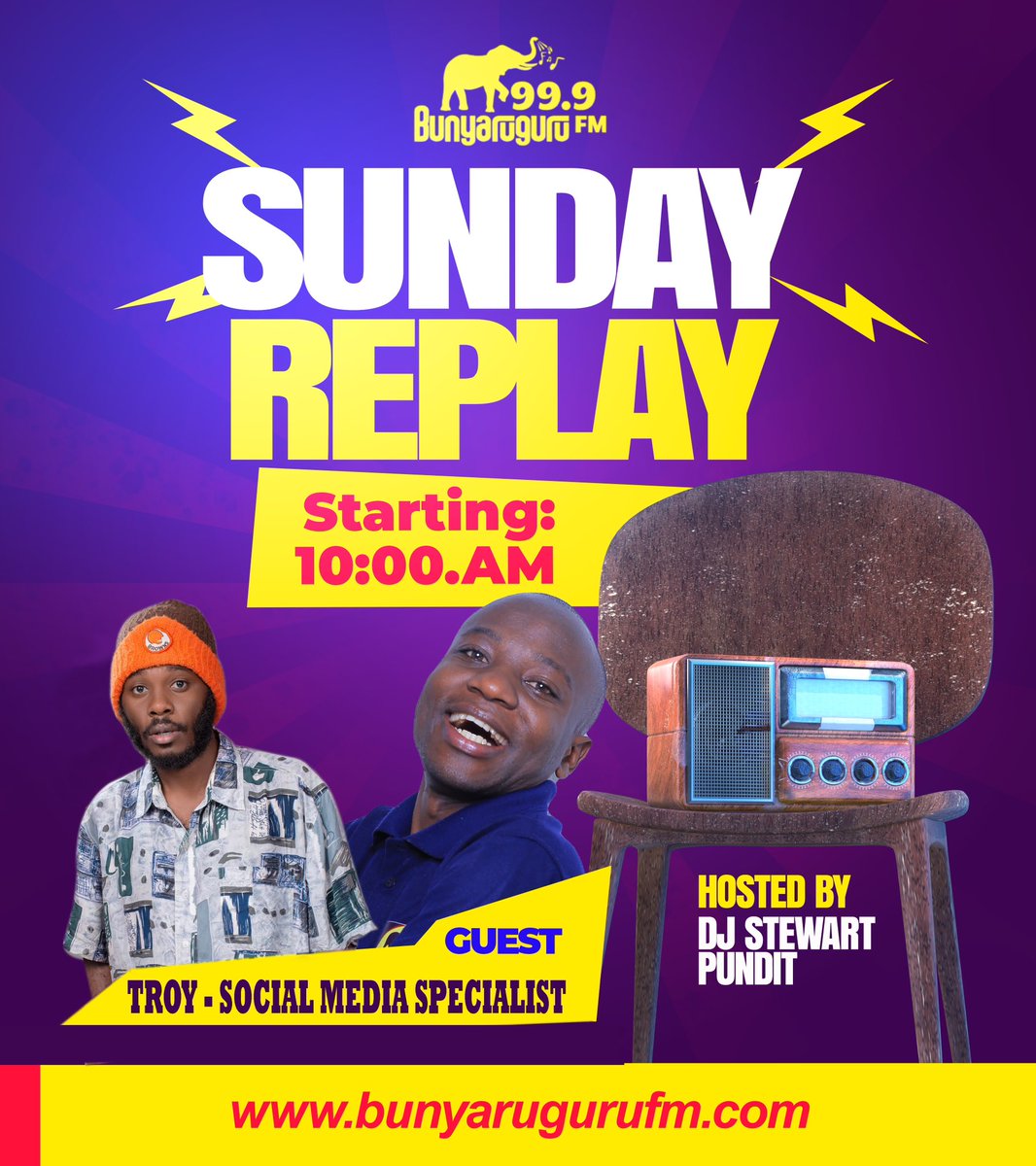 DJStewartPundit's tweet photo. 🔥🎶ON AIR: #SundayReplay #RequestShow on 📻BunyaruguruFM99.9, @10AM🎶🔥

Are you a fan of Total Music? @DJStewartPundit🎙️is here to play you the songs of your choice, take control💃🕺

 @TROY &amp; @JK’DigitalLab will be joining set as we flip
Listen online: https://t.co/yF163pFQnk https://t.co/1wmXAGKRem