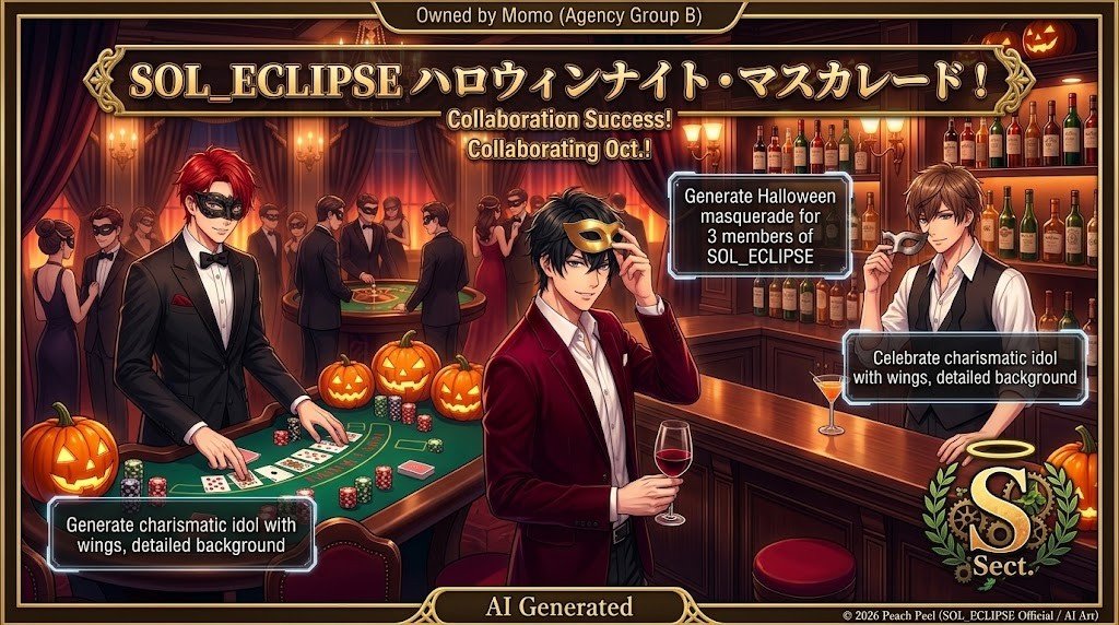 momo_muki's tweet photo. 🎃10月ヘッダー&アイコンお披露目🎃
今月は SOL_ECLIPSE のハロウィンマスカレード仕様🍷✨
アイコンは仮面を外した翔太です!10月もよろしくお願いします✨
© 2026 Peach Peel (SOL_ECLIPSE Official / AI Art)
#SOLECLIPSE #ハロウィン #AIイラスト https://t.co/TQjxl8SUEc