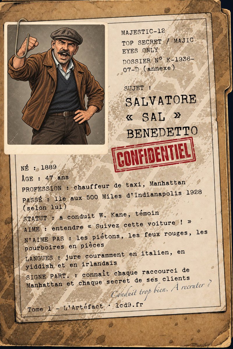 LCD9_1's tweet photo. Dossier annexe n° K-1936-07-D : Salvatore « Sal » Benedetto, chauffeur de taxi à Manhattan qui connaît chaque raccourci et chaque secret de ses clients. Majestic-12 hésite : le surveiller… ou le recruter ? 🚕

Le Conseil des 9 — Tome 1 : L'Artéfact · https://t.co/VZodkxKLnA

#IA https://t.co/LlEBtkuhPl