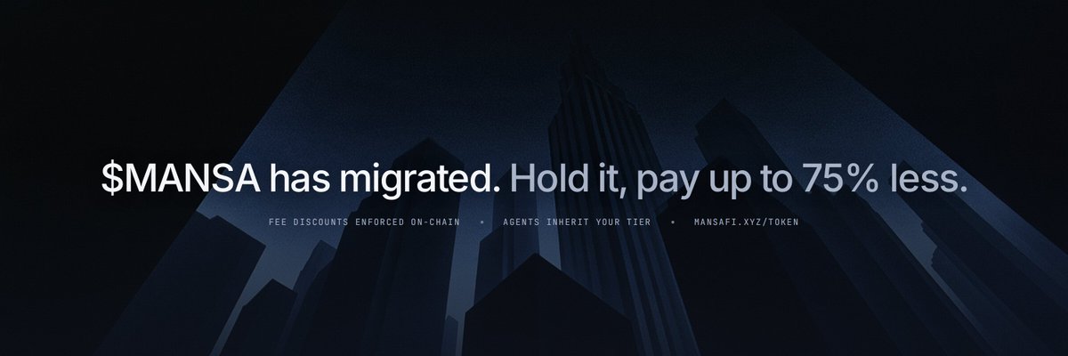 mansafixyz's tweet photo. Now that $MANSA has migrated, it's a good time to look at what it actually does!

Holders receive up to 75% off MansaFi fees, full weight when staked, and a discount your agents inherit on every x402 payment.

Read the details at https://t.co/Wkw1S4LcAp https://t.co/1VDt0xMpnK