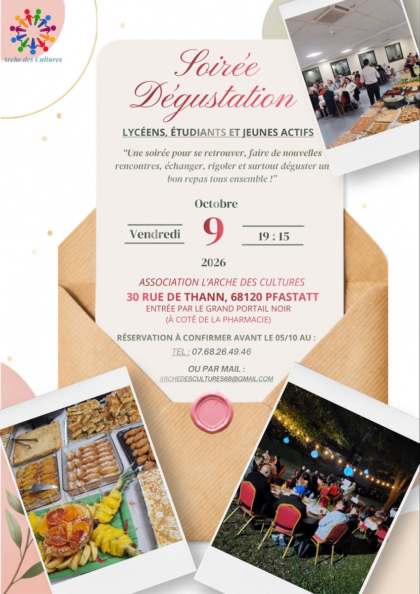 adc_68's tweet photo. 🍽️ Lycéens, étudiants, jeunes actifs : soirée dégustation avec L’Arche des Cultures !

📅 9 octobre à 19h15
📍 30 rue de Thann, Pfastatt
Un bon repas, des rencontres et de la bonne humeur 🤗

#Pfastatt #Mulhouse https://t.co/F35cIFndeM
