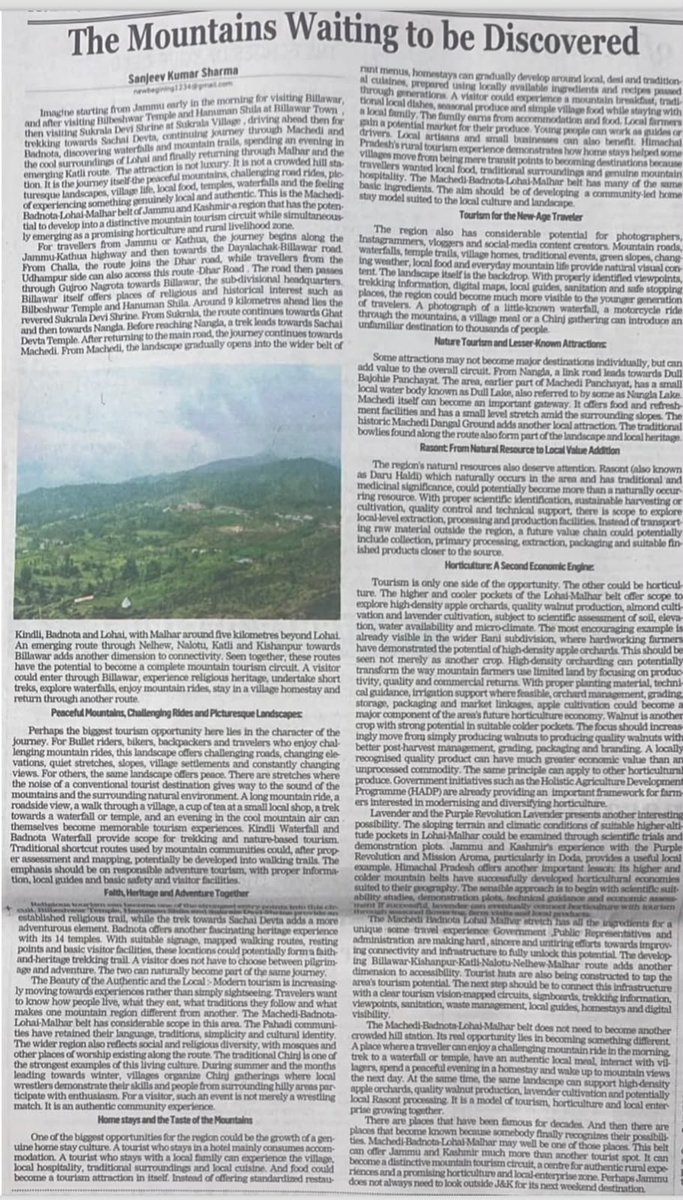 SharmaSanjeev_'s tweet photo. Machedi Badnota Lohai Malhar :- The Mountains Waiting to be discovered ( From Tourism &amp; Horticulture Point of View) 
Read Article in Sunday Edition of Daily Excelsior dated 27/09/2026 
Read My  full article here :- 
https://t.co/S7X7wk7YEo https://t.co/YOwHywd3Gq