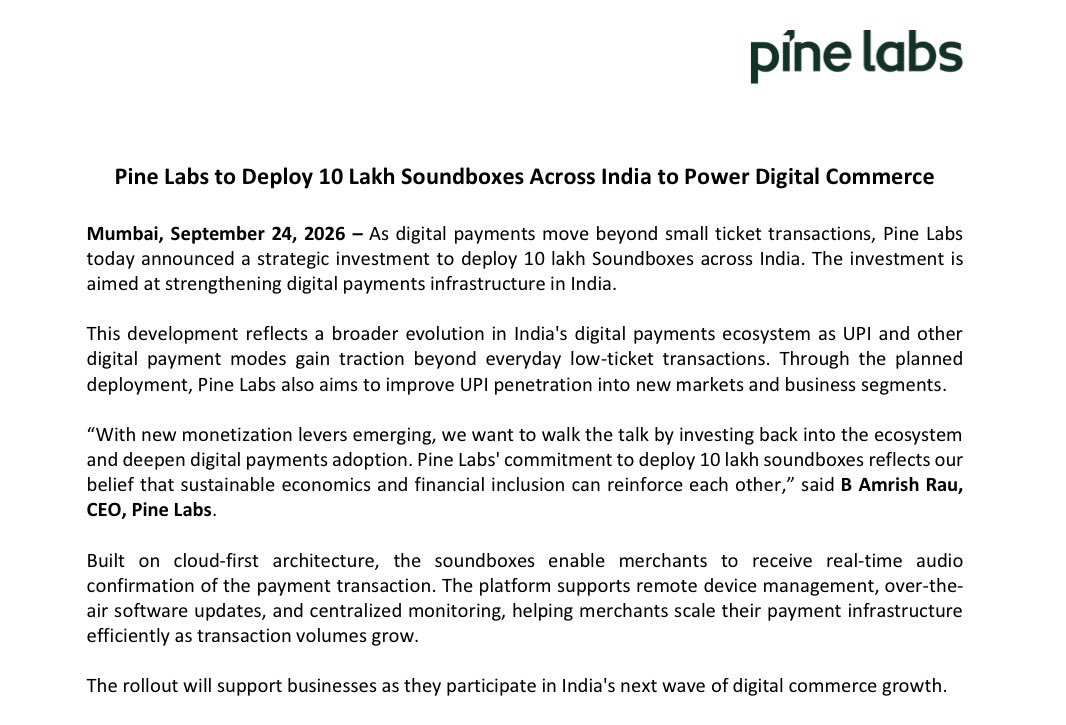 NeelChhabra's tweet photo. In April I argued Pine Labs is a toll road nobody notices. The market sees a POS rental business. The real business is the operating system inside the terminal: EMI routing, bank-neutral checkout, subvention accounting. The device is the door, and complexity is the revenue model.

That logic explained why Pine Labs ignored the small merchant. A kirana with a UPI QR has no complexity to orchestrate, so it went to Paytm and PhonePe.

Recently, Pine Labs ordered 10 lakh soundboxes, the simplest device in Indian payments. It also launched an agentic commerce stack with Google Cloud.

These are one bet, not two.

A middleman is worth complexity times doors. You don't install a door once the complexity arrives, because by then someone else's door is there. You install it just before.

For the small merchant, complexity is arriving early, from two directions.

The rail. UPI is moving to bigger tickets, where credit and EMI start to matter.

Amrish Rau says as much: “With new monetization levers emerging, we want to walk the talk by investing back into the ecosystem.”

On Agents. AI shoppers need readable catalogs, automated checkout and auditable payments. Those were enterprise problems. Now they're a kirana's.

"Without the right platform, agentic commerce repeats a pattern India has seen before: new technology reaches the top of the market first, and small businesses wait."

The soundbox is the door. The agent stack is the room. "One commerce operating layer for every merchant." That is the operating-system thesis, now extended from Croma to the kirana. And the agentic option I flagged, priced at zero, just got its distribution.