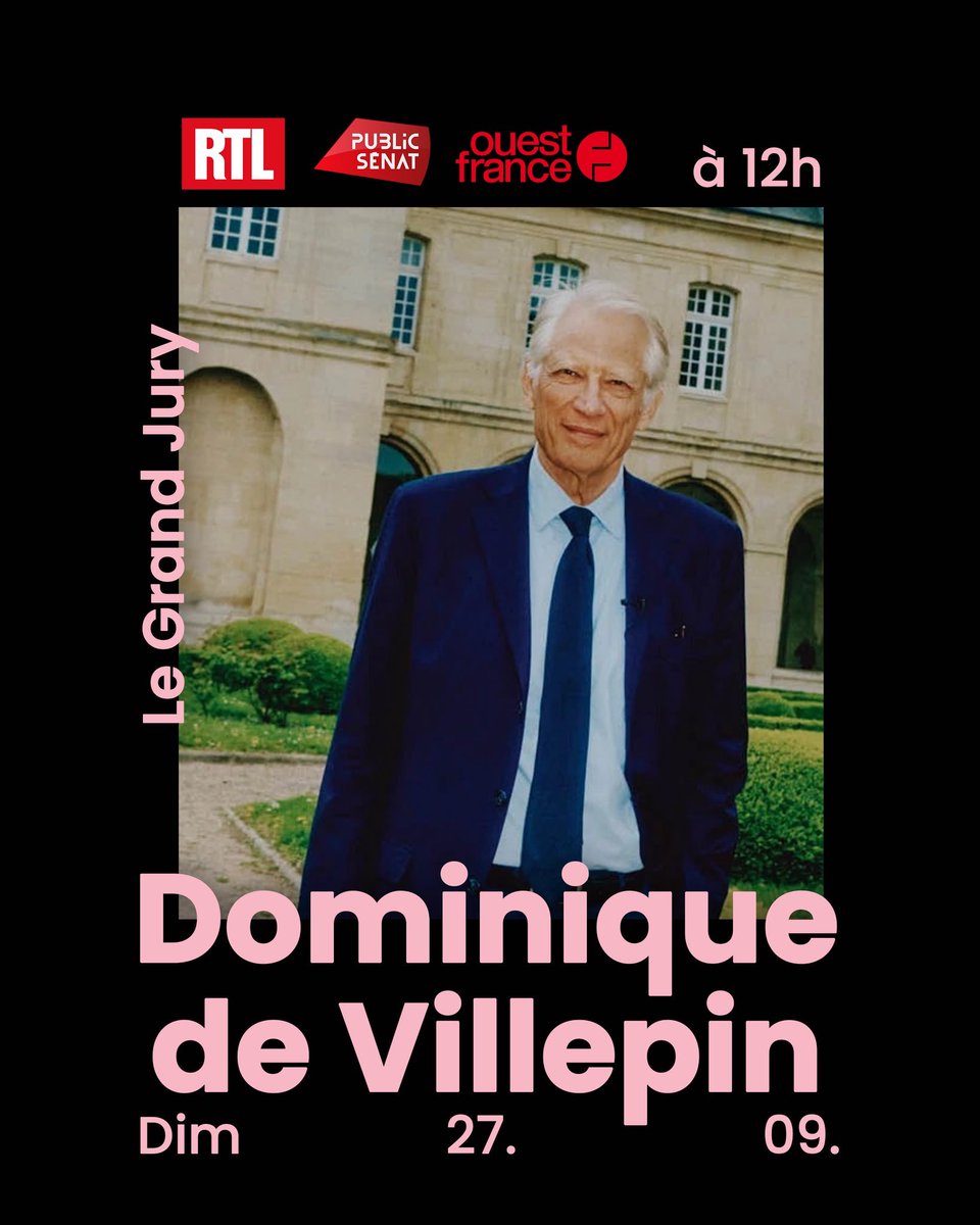 LFHBordeaux33's tweet photo. 📺Rendez-vous aujourd’hui, à 12h❗️
@Villepin est l'invité du Grand Jury @RTLFrance @publicsenat 
🎙️Un rendez-vous important pour entendre sa vision de la France 🇫🇷, de l'Europe 🇪🇺 et des grands enjeux auxquels notre pays est confronté. https://t.co/CEOqDRarXG