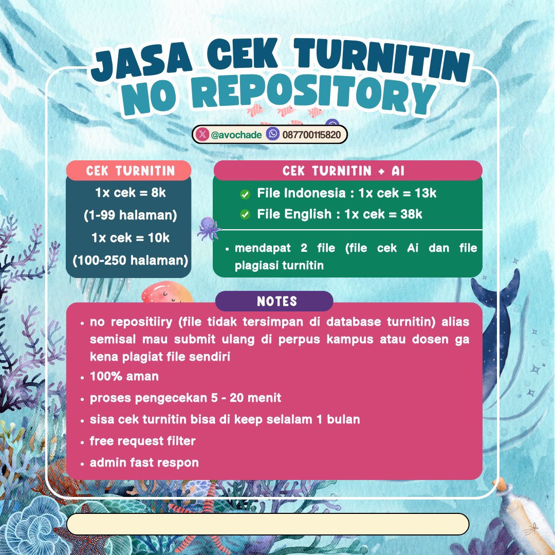 mbnghao's tweet photo. halo kakak-kakak! mau cek ulang tugas/skripsi tanpa takut kena self-plagiarism? aku open cek turnitin yaa 👀

🐈‍⬛ Turnitin no repository
🐈‍⬛ Cek AI : Turnitin + GPTZero

aman buat yang perlu submit ulang ke kampus atau dosen 🫶🏻 #zonauang

☎️ :: https://t.co/2JmZlOiwcS https://t.co/P7EMuYGrUp