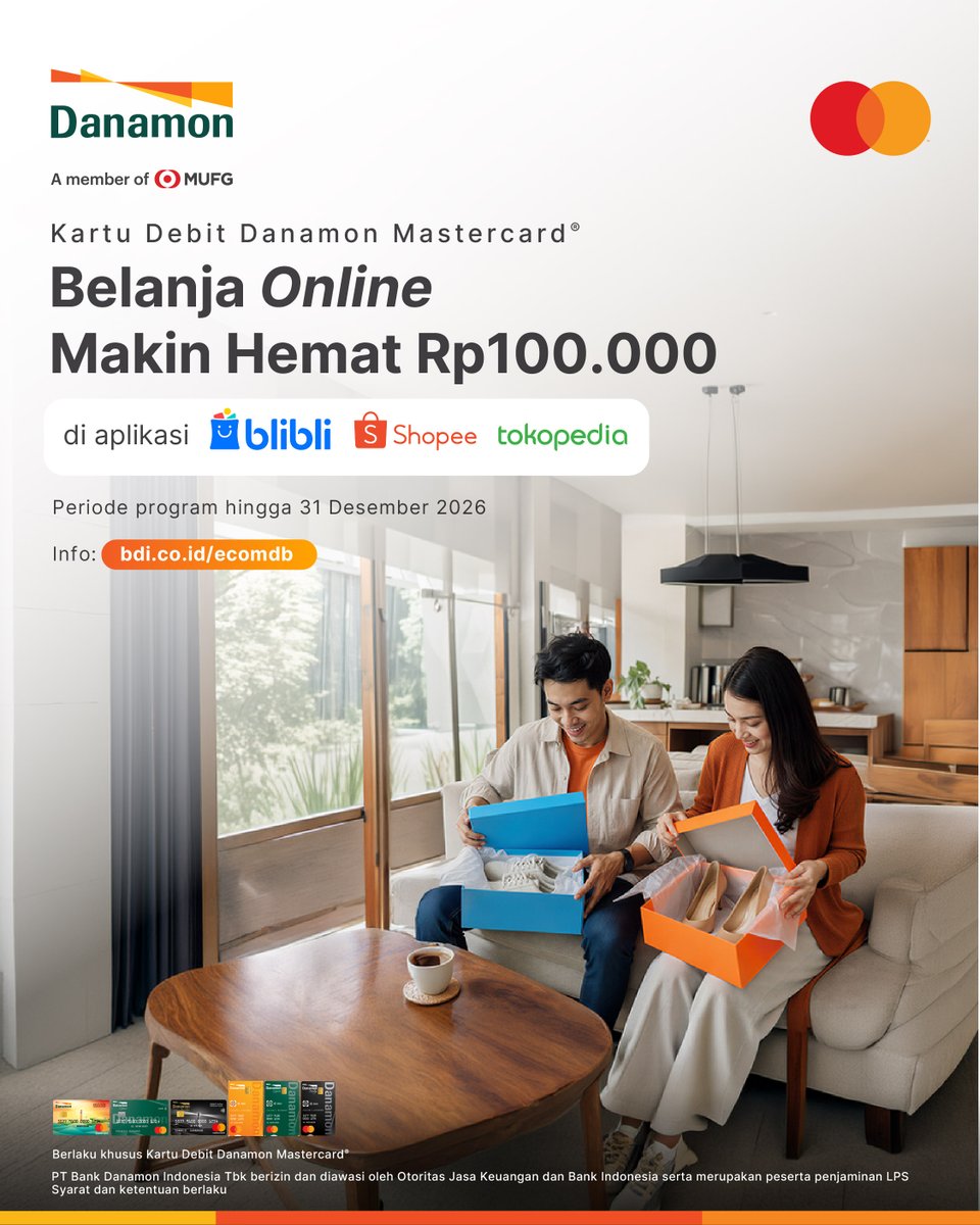 danamon's tweet photo. Saatnya belanja kebutuhan dan wishlist di ecommerce favorit! 🛍️✨

Nikmati hemat Rp100.000 di aplikasi Blibli, Shopee, dan Tokopedia dengan Kartu Debit Danamon Mastercard®.

Belanja lebih nyaman, hematnya lebih maksimal. https://t.co/GbSotnd5Eg