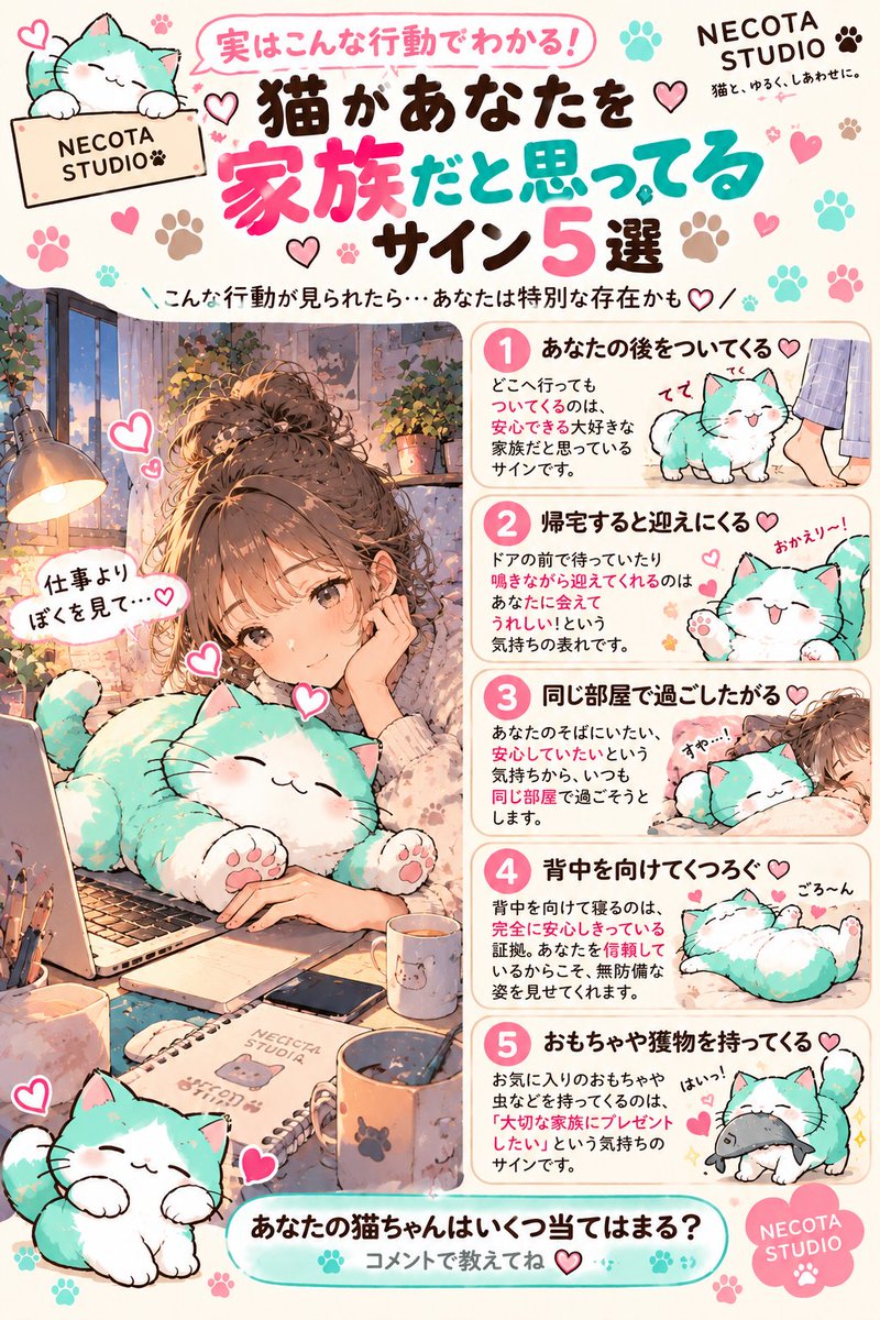 necota_studio's tweet photo. 🐱 猫があなたを「家族」だと思ってるサイン5選♡

気づけばいつも同じ部屋にいる。
帰ったら迎えにきてくれる。
背中を向けてゴロ〜ン…。

それ、ただの気まぐれじゃなくて
「この人といると安心する♡」
って思ってるサインかも🐾

うちの子はいくつ当てはまる？👀

①〜⑤でコメントして教えてね🐱💕

ちなみに…
PC作業中にキーボードを占領されるのは
何番に入れたらいいんやろ😂💻

#猫 #猫好きさんと繋がりたい #猫のいる暮らし #猫あるある #猫の気持ち #ねこ #NECOTASTUDIO