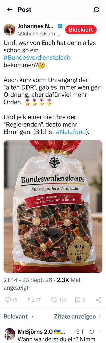 JohannaMoembris's tweet photo. Ich werde gegen @JohannesNormann #Strafanzeige erstatten, da er mehrere Familienmitglieder von mir mit dem Post massiv beleidigt.
In der Familie wurden mehrere Bundesverdienstkreuze verliehen für jahrzehntelange ehrenamtliche Tätigkeiten.
Hannes sitzt als #Sozialschmarotzer rum. https://t.co/YoOuMVzgao