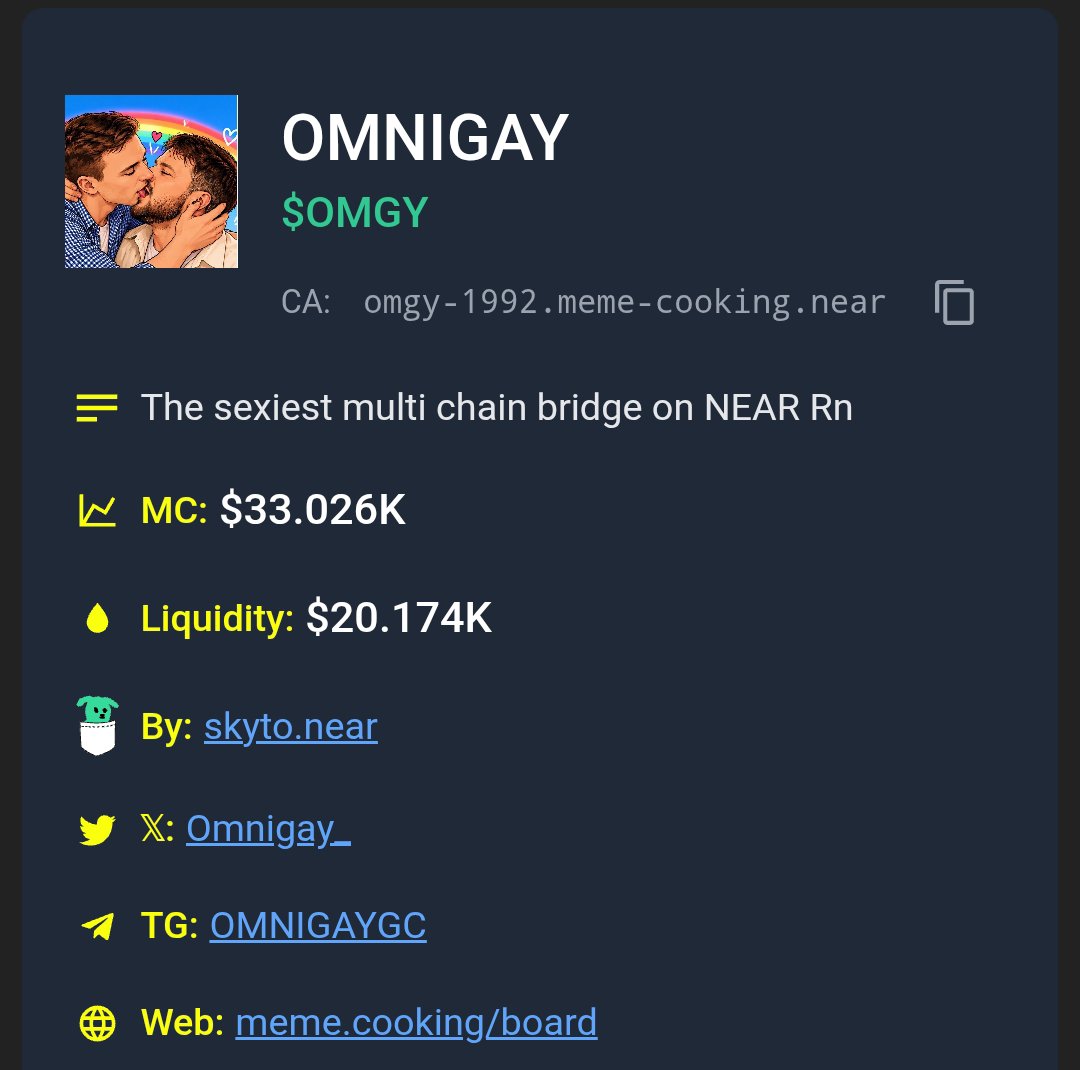 Omnigay_'s tweet photo. Gm travelers...

For travelers coming from SOLANA to NEAR, you can use https://t.co/mqstbM6oYt inbuilt bridge to bridge your SOL to NEAR

- Memedotcooking is the launchpad 
- Omnigay is the official bridge
- $OMGY is the official coin for the bridge (Backed by near trenches)
NFA https://t.co/GVyFTLQvPF