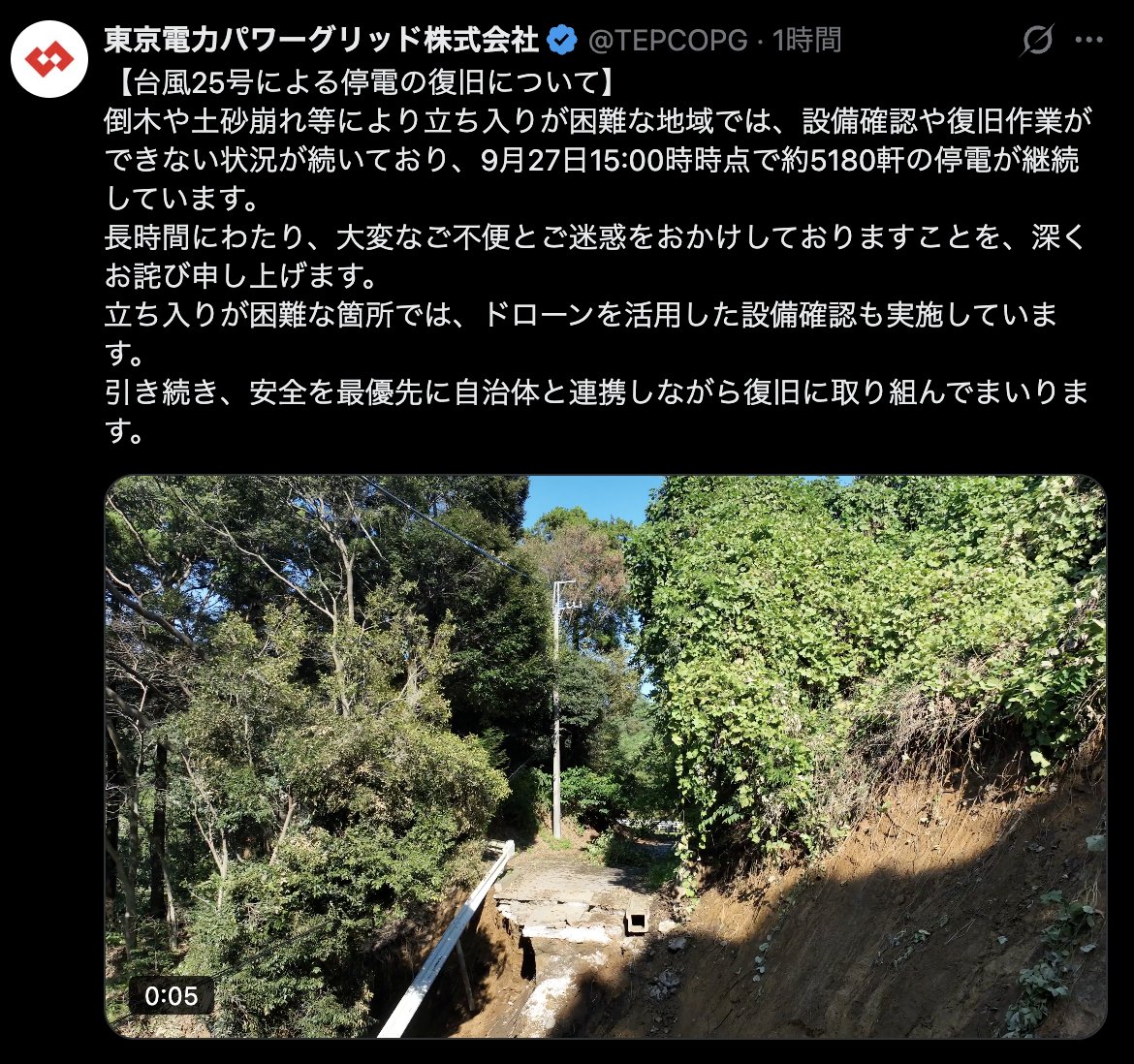 PapalotX's tweet photo. これ、東電が謝罪する必要なんて全くないと思うんですよね。日本のインフラ維持がもう限界に来ているという深刻な現実を突きつけている超重要なポストなんです。そもそも倒木や土砂崩れがある以上、地元の土木業者が重機で道路を啓開しない限り東電の作業車は現場に1メートルも入れません。
2019年の房総台風でも、まさにこの道路の遮断が復旧の最大のボトルネックになっていたわけです。  
帝国データバンクの調査でも建設業の66%が人手不足で、房総は8月豪雨に続く台風25号の影響で地元の施工能力キャパが完全に限界を迎えてるのが本質なんですよね。
低賃金や若年離れで現場の人間が減り続けている中で、平時は公共事業を減らせと叩き、災害時だけ早く復旧させろと騒いでも到底無理です。
本当に不足しているのは東電のやる気ではなくて、地元の土木作業員の絶対数だということに皆さん気づいてくれましたかね。