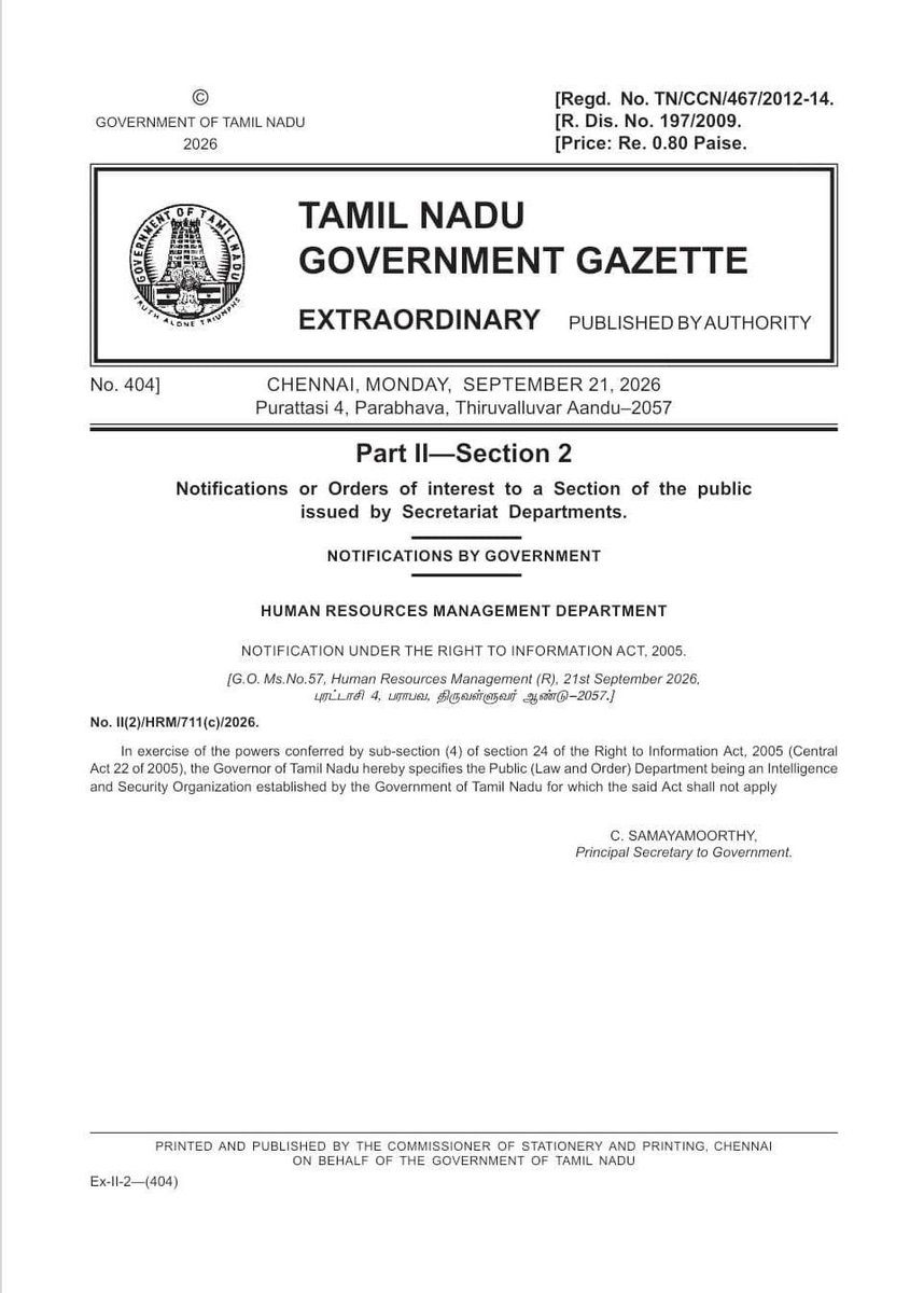 arvindgunasekar's tweet photo. Absurd clarification from Nirmal Kumar, the entire Public (Law and Order) Department has been added to the Second Schedule of the RTI Act (Exempted Department/Authorities) through Sec 24(4) of the RTI Act.

Not just a few clauses but the entire Public (Law and Order) Department has been exempted from the RTI Act as per the notification issued by the Human Resources Management Department, Tamil Nadu. 

This is akin to the Department of Home in MHA being exempted from the RTI Act.

Also, as per Sec 24(5) of the RTI Act, the said notification of the Tamil Nadu Govt has to be laid before the State Legislature, hope the Opposition Parties will oppose this firmly in the Assembly.