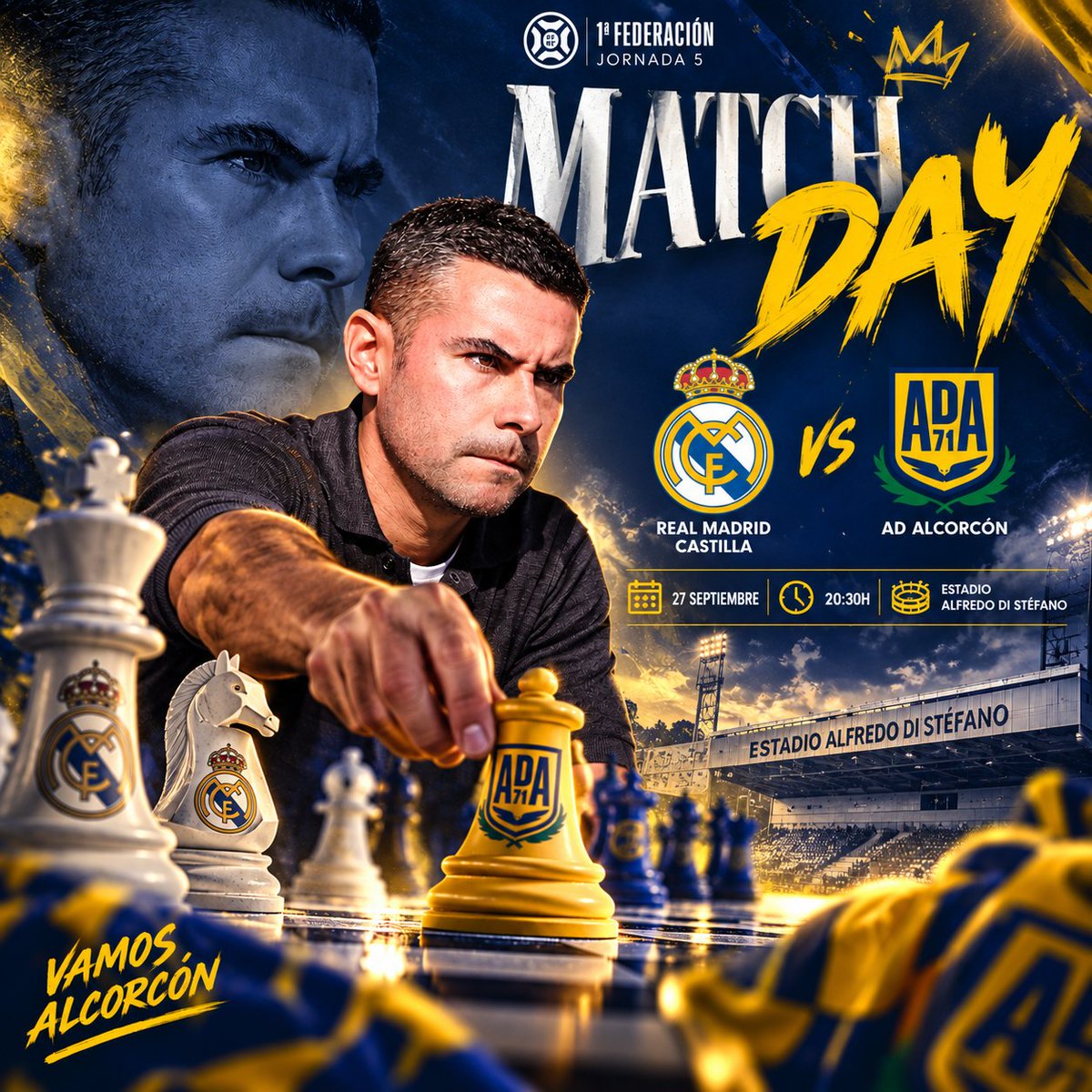 adalcorconfans2's tweet photo. 💙MATCH DAY💛
•
🏟️La @AD_Alcorcon visita el #EstadioAlfredoDiStéfano para cerrar la 5ª jornada de #1RFEF ante @lafabricacrm
•
⚽Derbi madrileño que será respaldado por 120 #alfareros alentando a su equipo. Partido de gran calibre, pero con el objetivo puesto en los 3 puntos https://t.co/JZF94zuMwI