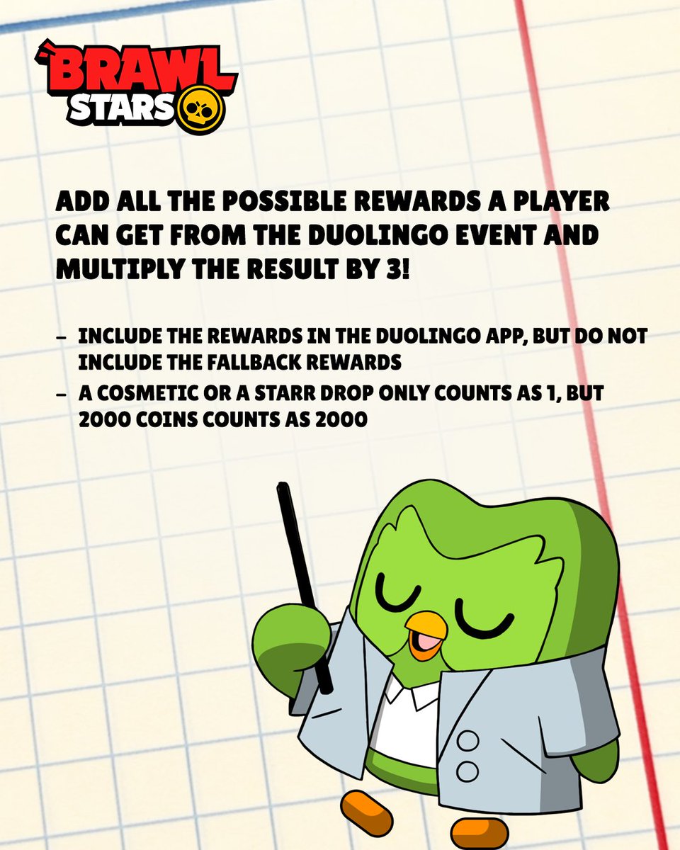 BrawlStars's tweet photo. The FINAL surprise test is here! ✏️ 🧠

What's the correct answer? Reply using #BrawlStars and #Duolingo 🤓

AND don't forget to claim yesterday's reward: the Trash Goblin Darryl Skin! https://t.co/OqrmqG6RGc