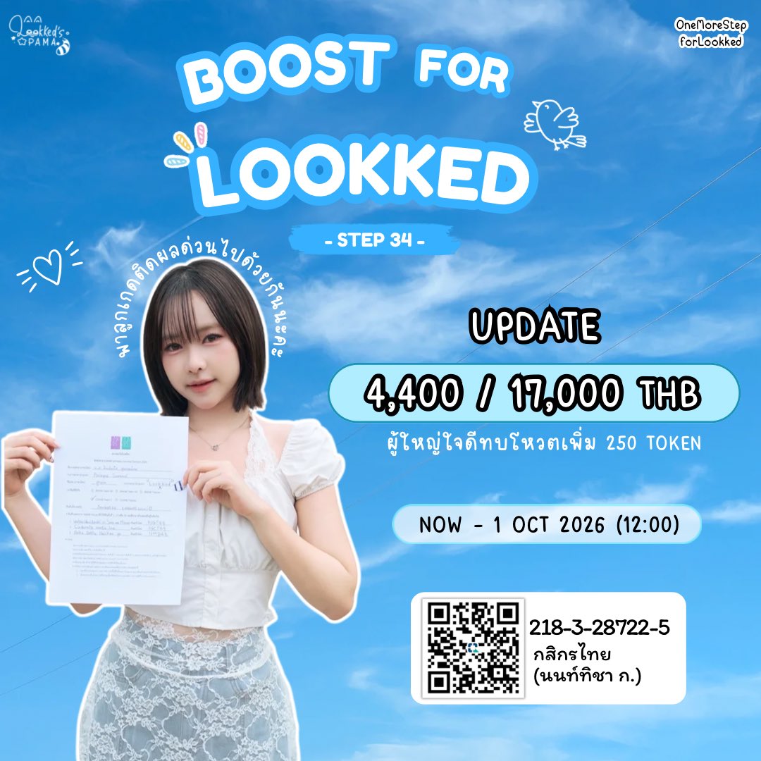 Lookked_Pama's tweet photo. — One More Step for 6OOKKED —
#OneMoreStepforLookked
#LookkedCGM48
── 𝗦𝗧𝗘𝗣 𝟯𝟰 ──
𝗕𝗢𝗢𝗦𝗧 𝗙𝗢𝗥 𝗟𝗢𝗢𝗞𝗞𝗘𝗗 💪🏻🐻
📢 Update
🎯 4,400 / 17,000 THB
มาบูส ๆ พาพี่ยู้กติดผลด่วนไปด้วยกันนะคะ🩵 https://t.co/N8qBW1lhvQ