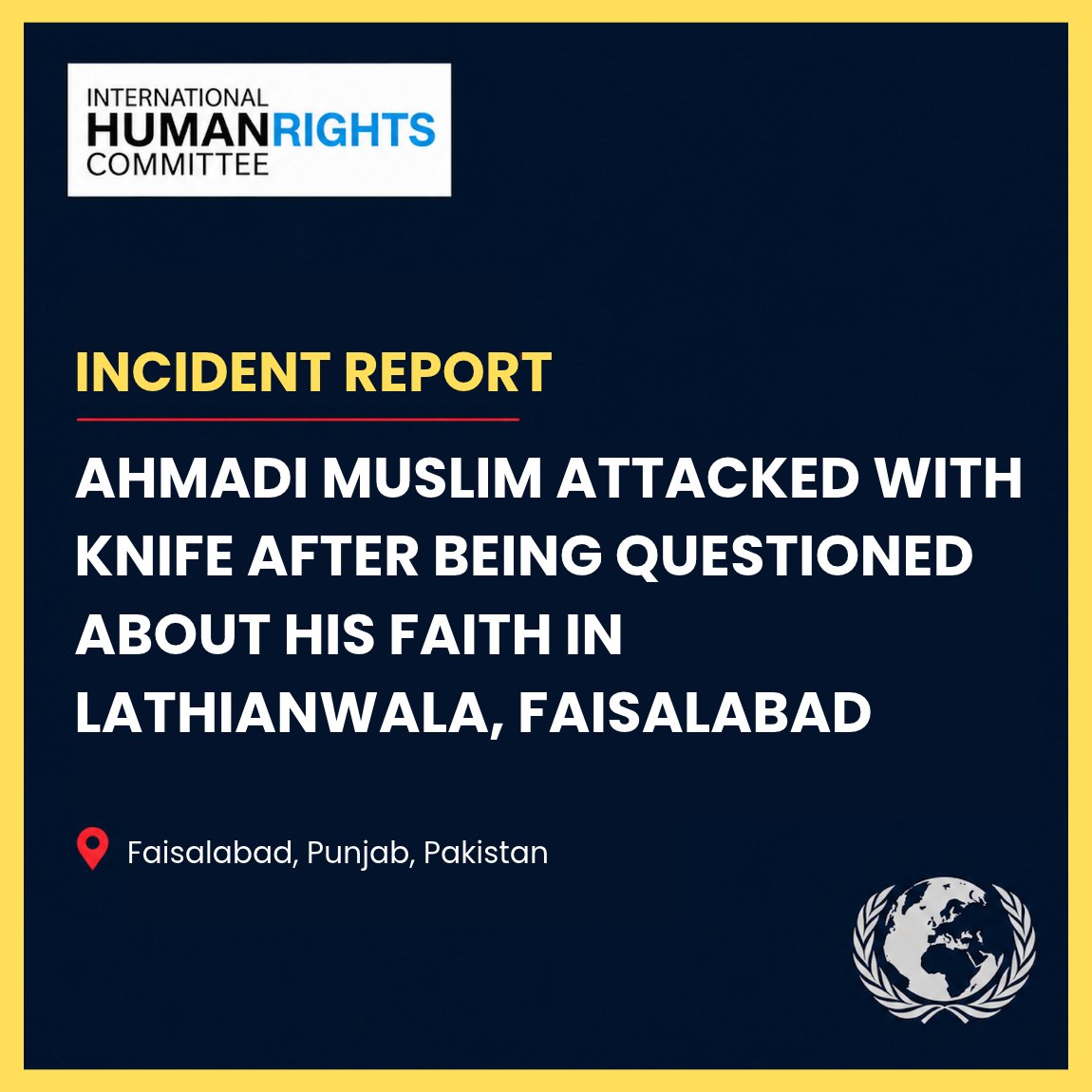 IHumanRightsC's tweet photo. 🚨 INCIDENT REPORT 

An Ahmadi Muslim was asked if he was a “Qadiani” before being attacked with a knife in Lathianwala, Punjab, Pakistan. 

A chilling reminder of the reality faced by Ahmadis living in Pakistan. 

IHRC demands urgent protection and justice for Ahmadi Muslims. https://t.co/YjjlmllFQS